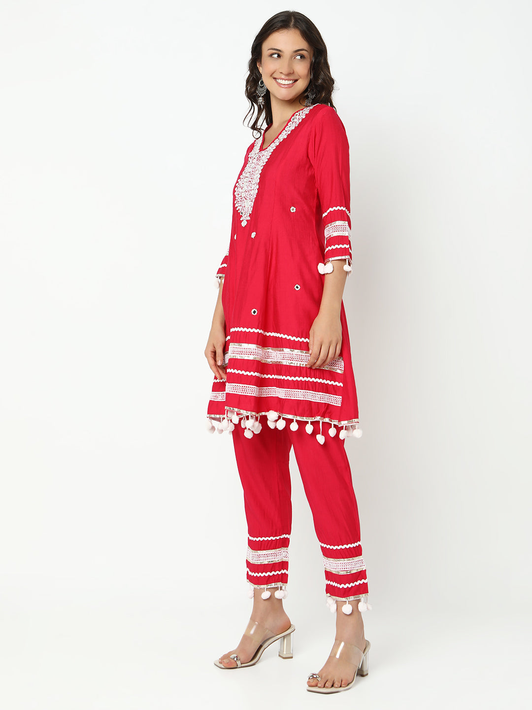 Women’s Embellished Pink Mirror Work Kurta Set with Dupatta