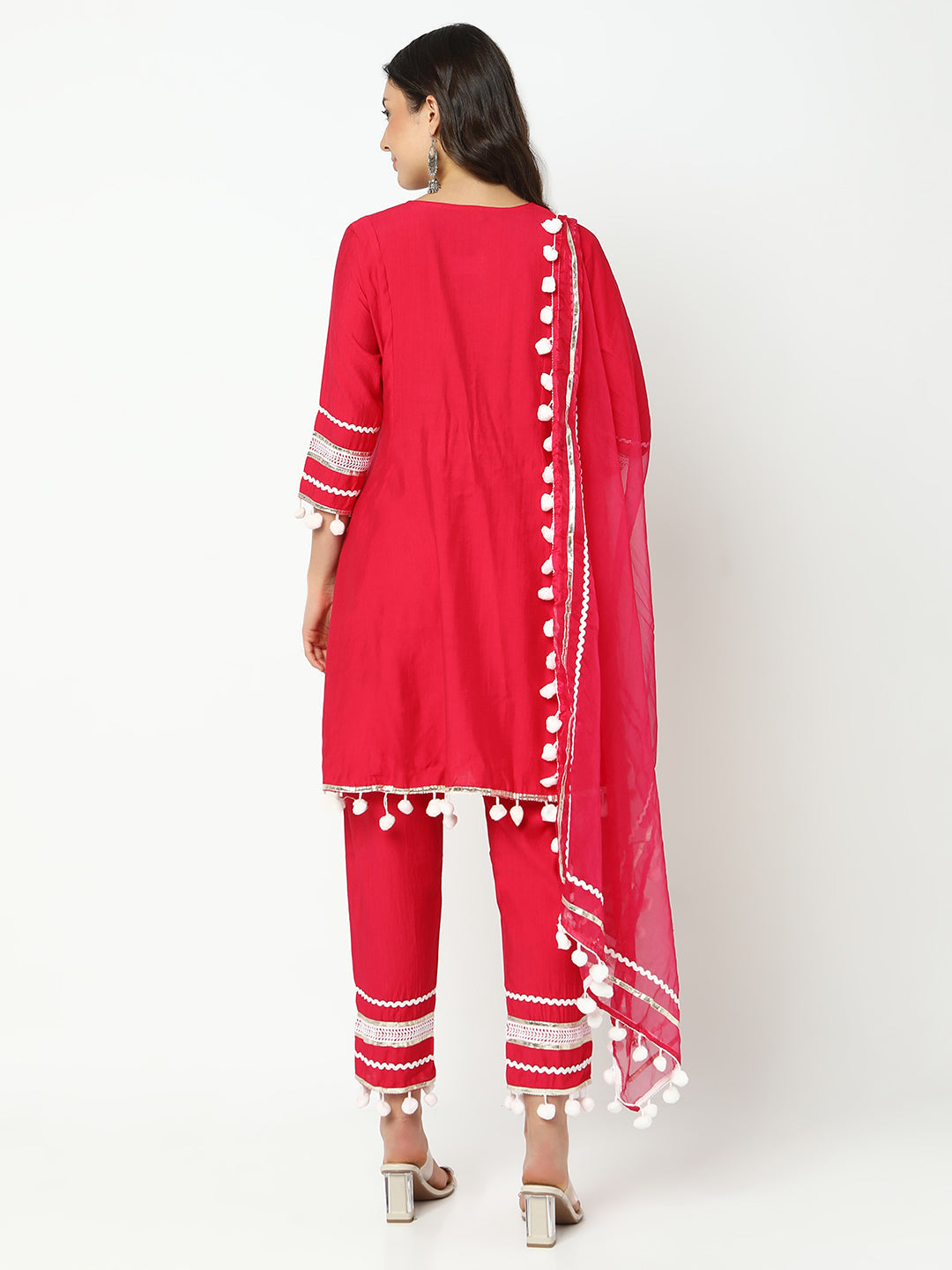 Women’s Embellished Pink Mirror Work Kurta Set with Dupatta