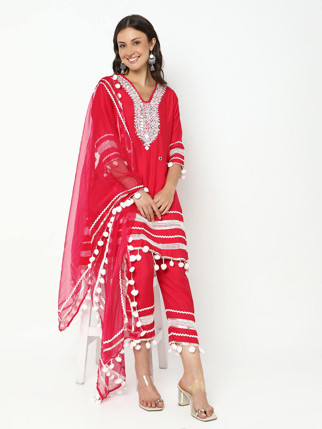 Women’s Embellished Pink Mirror Work Kurta Set with Dupatta