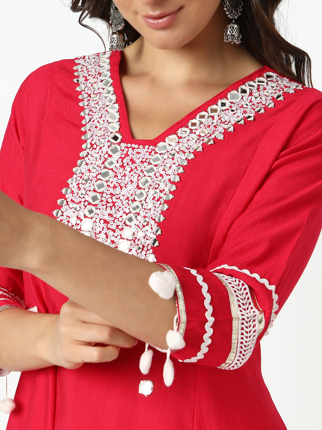 Women’s Embellished Pink Mirror Work Kurta Set with Dupatta