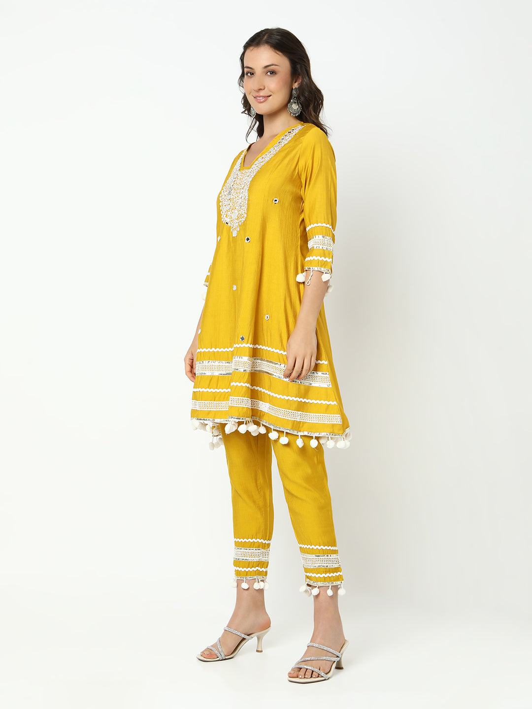 Women's Embellished Yellow Mirror Work Kurta Set with Dupatta