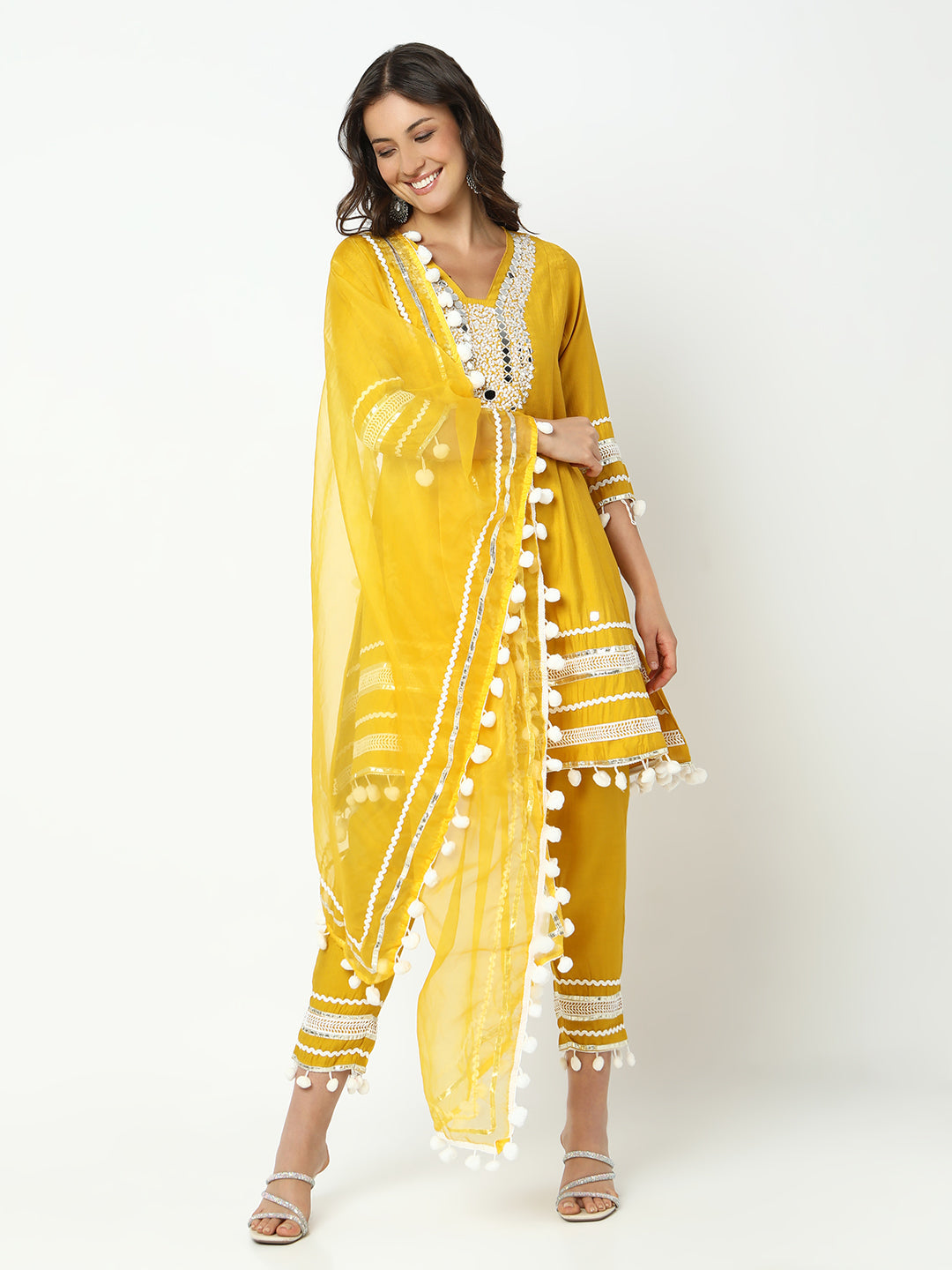 Women's Embellished Yellow Mirror Work Kurta Set with Dupatta