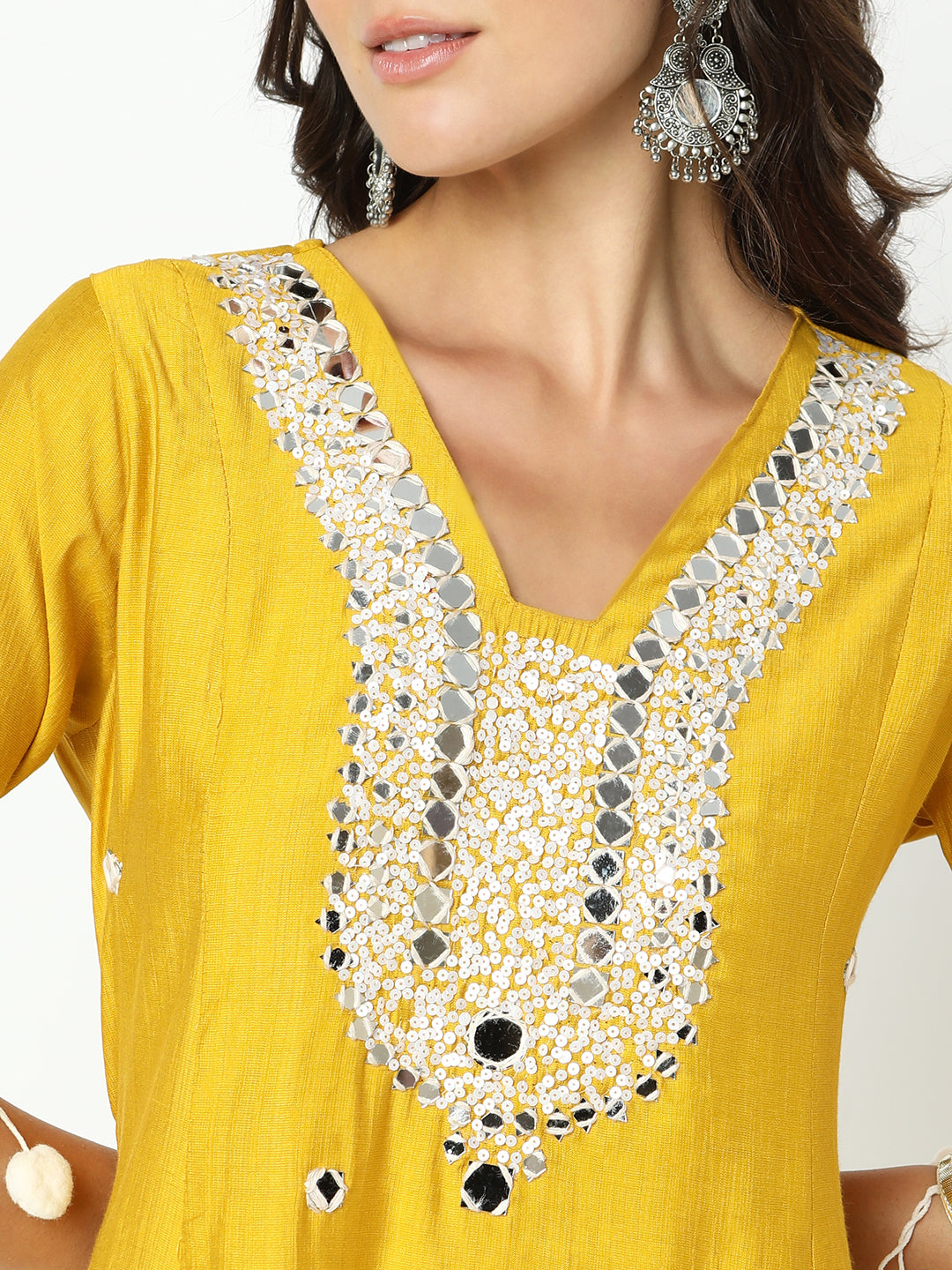 Women's Embellished Yellow Mirror Work Kurta Set with Dupatta