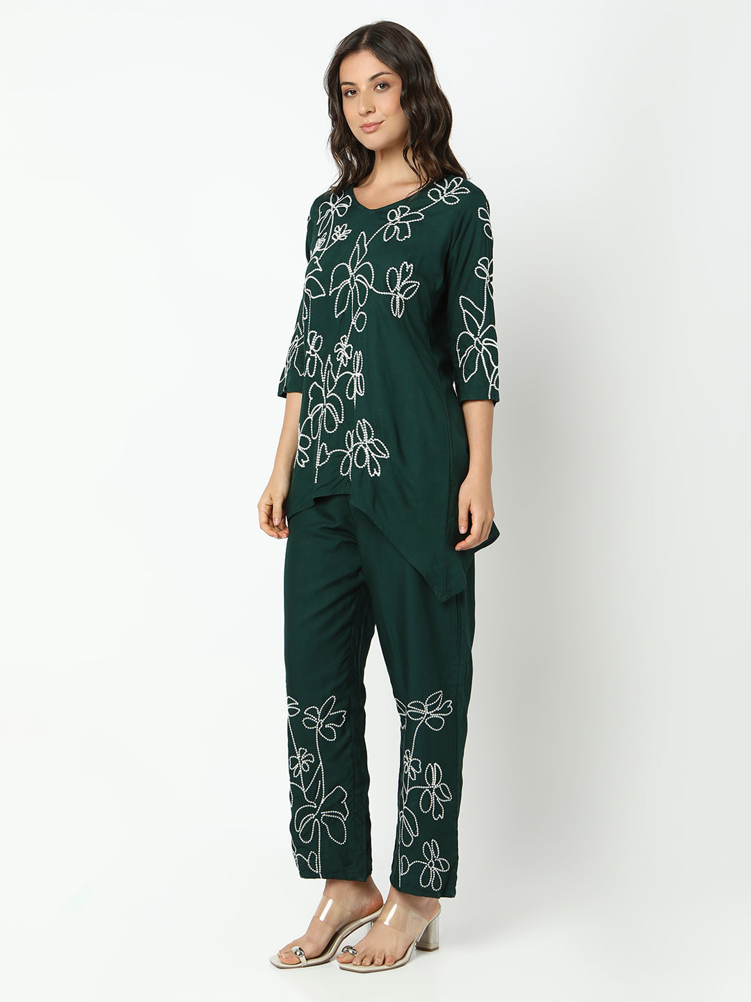 Women's Embroidered Green Asymmetric Kurta Set with Trouser