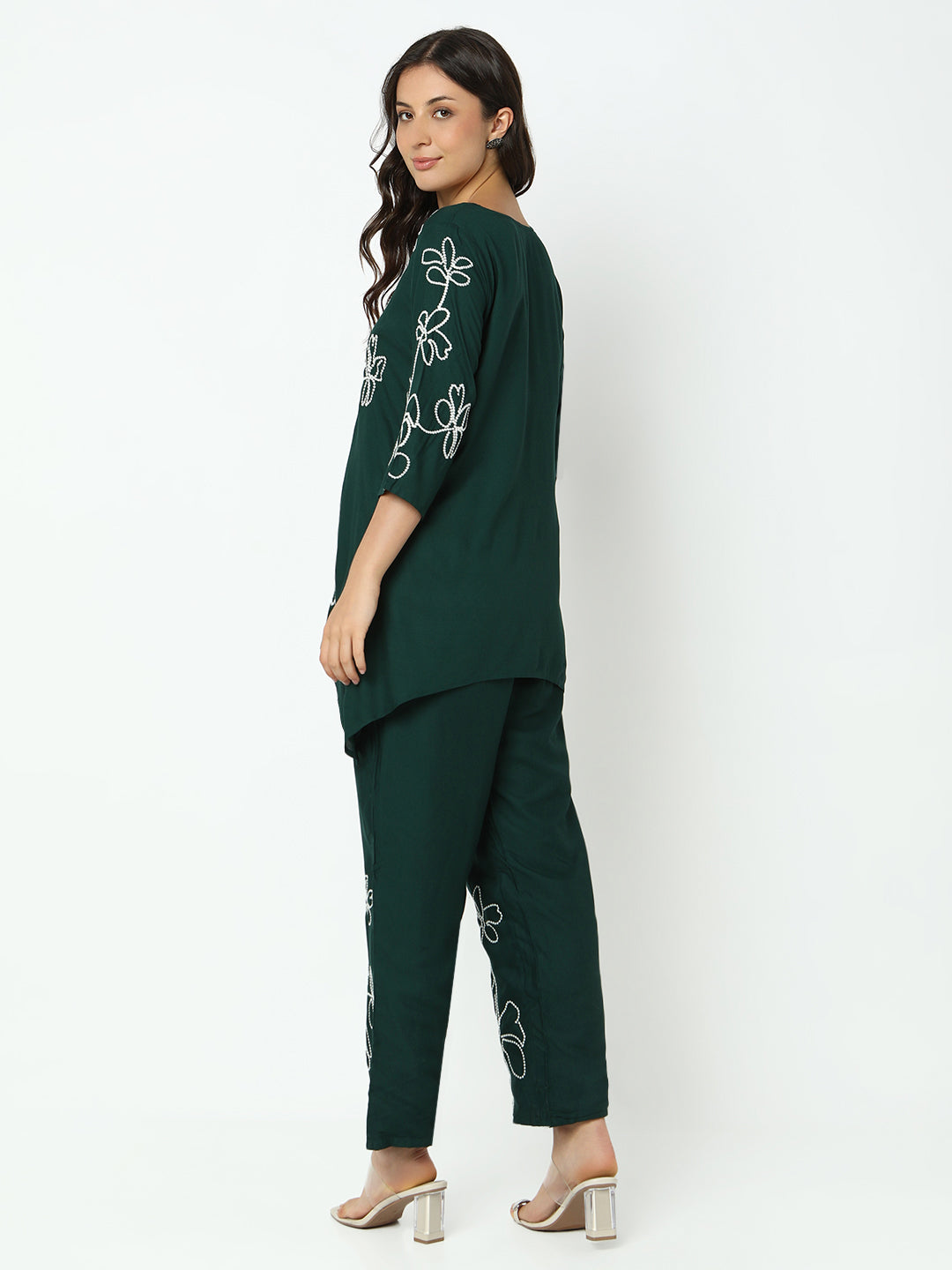 Women's Embroidered Green Asymmetric Kurta Set with Trouser