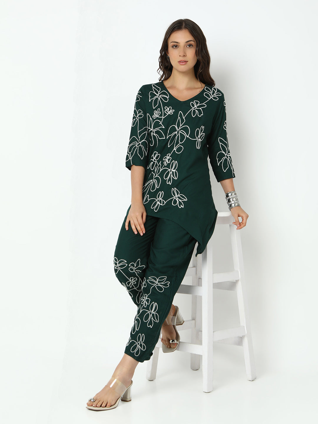 Women's Embroidered Green Asymmetric Kurta Set with Trouser
