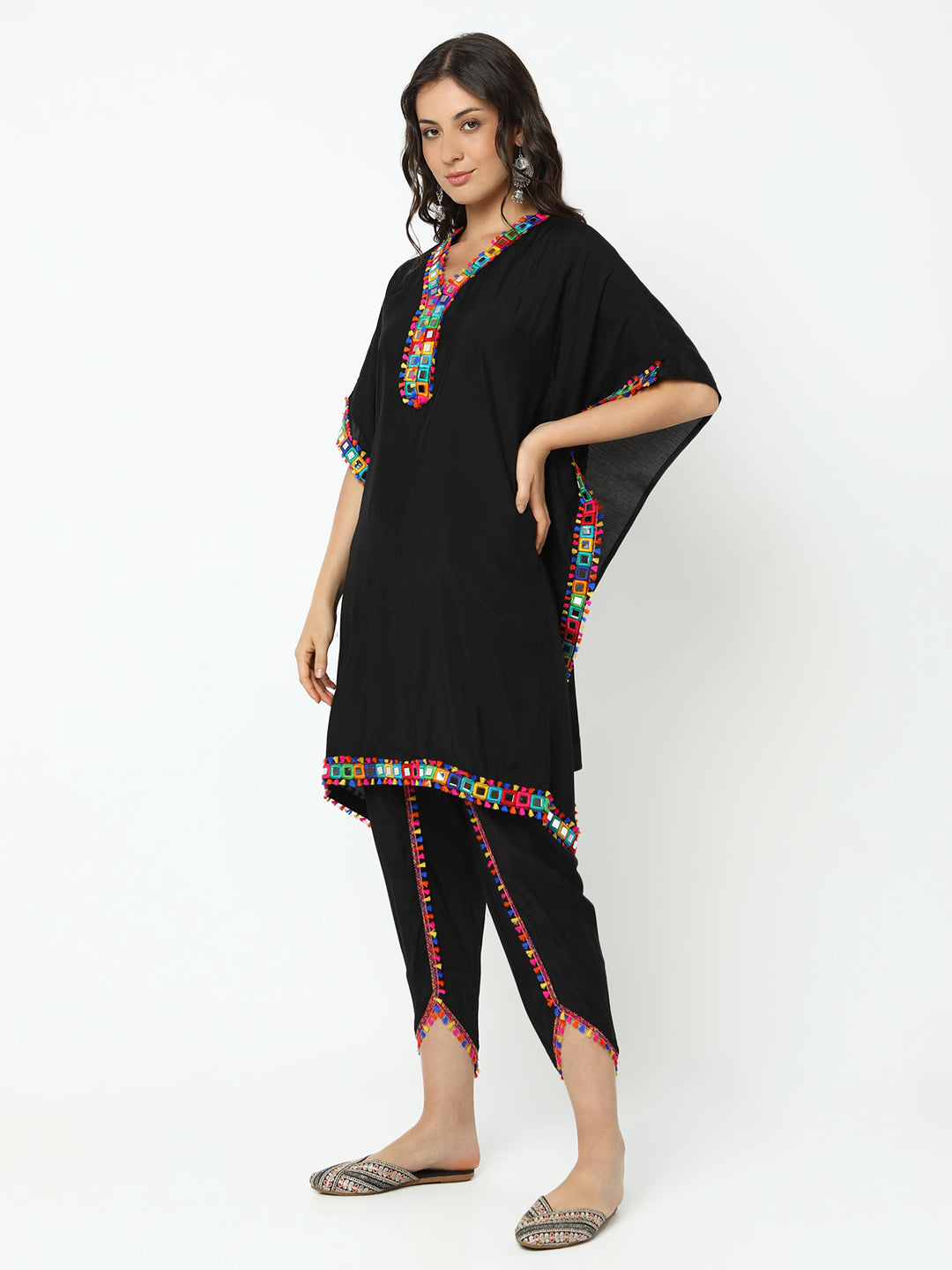 Women's Embroidered Black Mirror Work Kaftan Kurta Set with Dhoti Pants