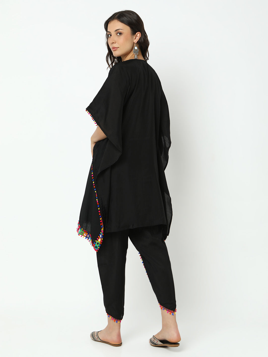 Women's Embroidered Black Mirror Work Kaftan Kurta Set with Dhoti Pants