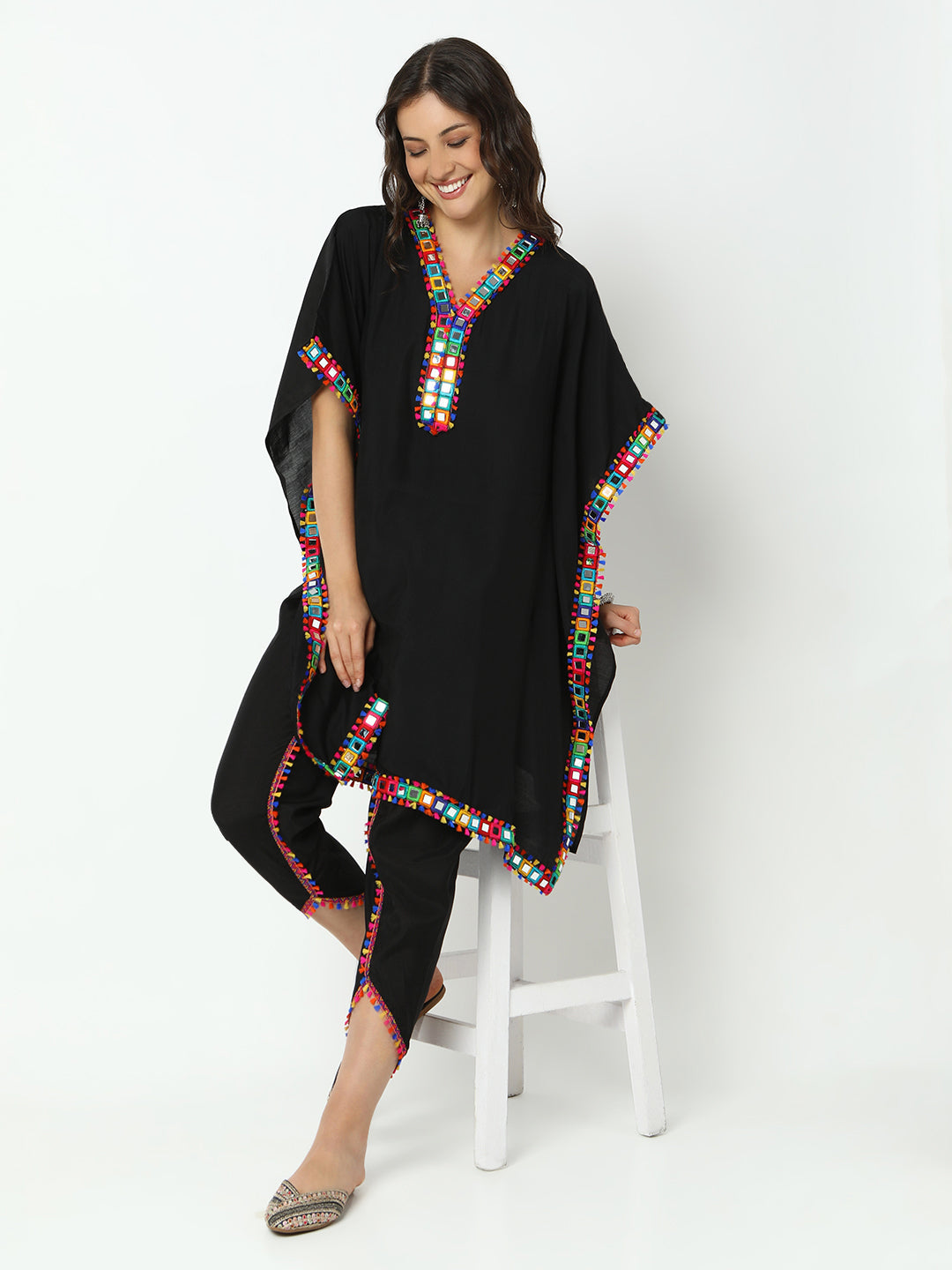 Women's Embroidered Black Mirror Work Kaftan Kurta Set with Dhoti Pants