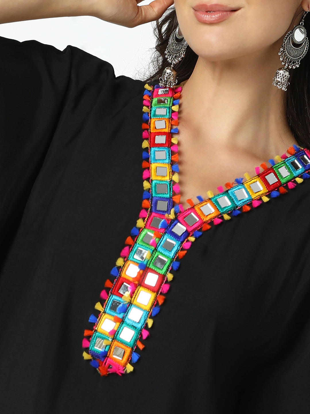 Women's Embroidered Black Mirror Work Kaftan Kurta Set with Dhoti Pants