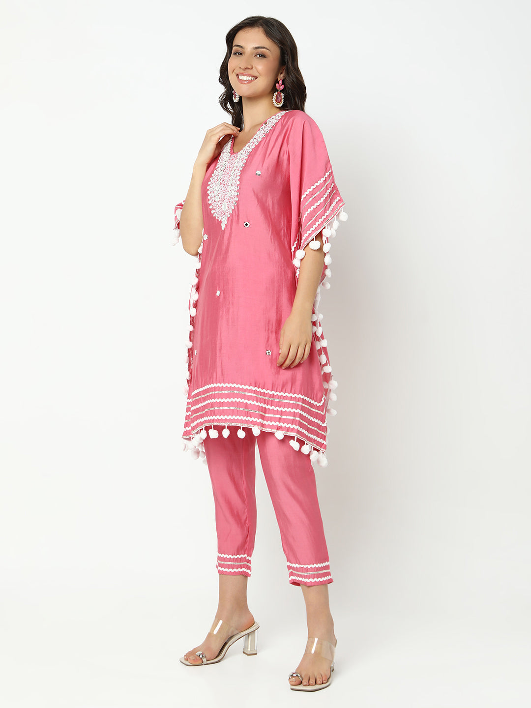 Women's Embellished Pink Mirror Work Kaftan Kurta Set with Tapered Trousers