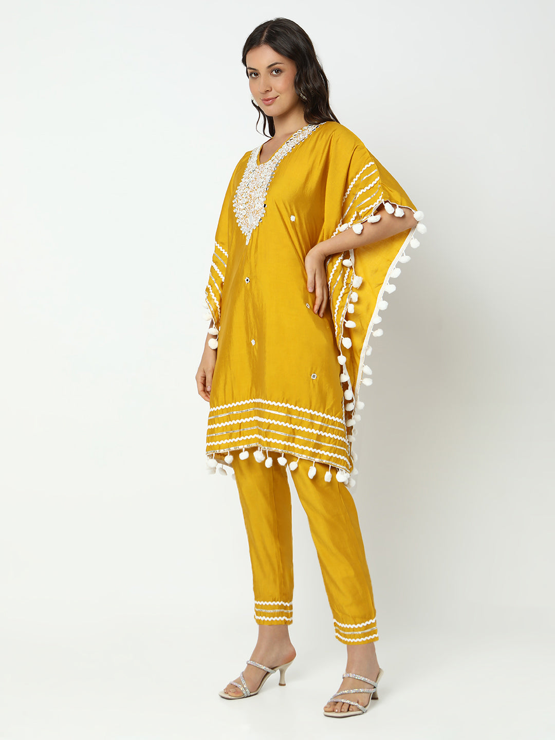 Women’s Embellished Yellow Mirror Work Kaftan Kurta Set with Tapered Trousers