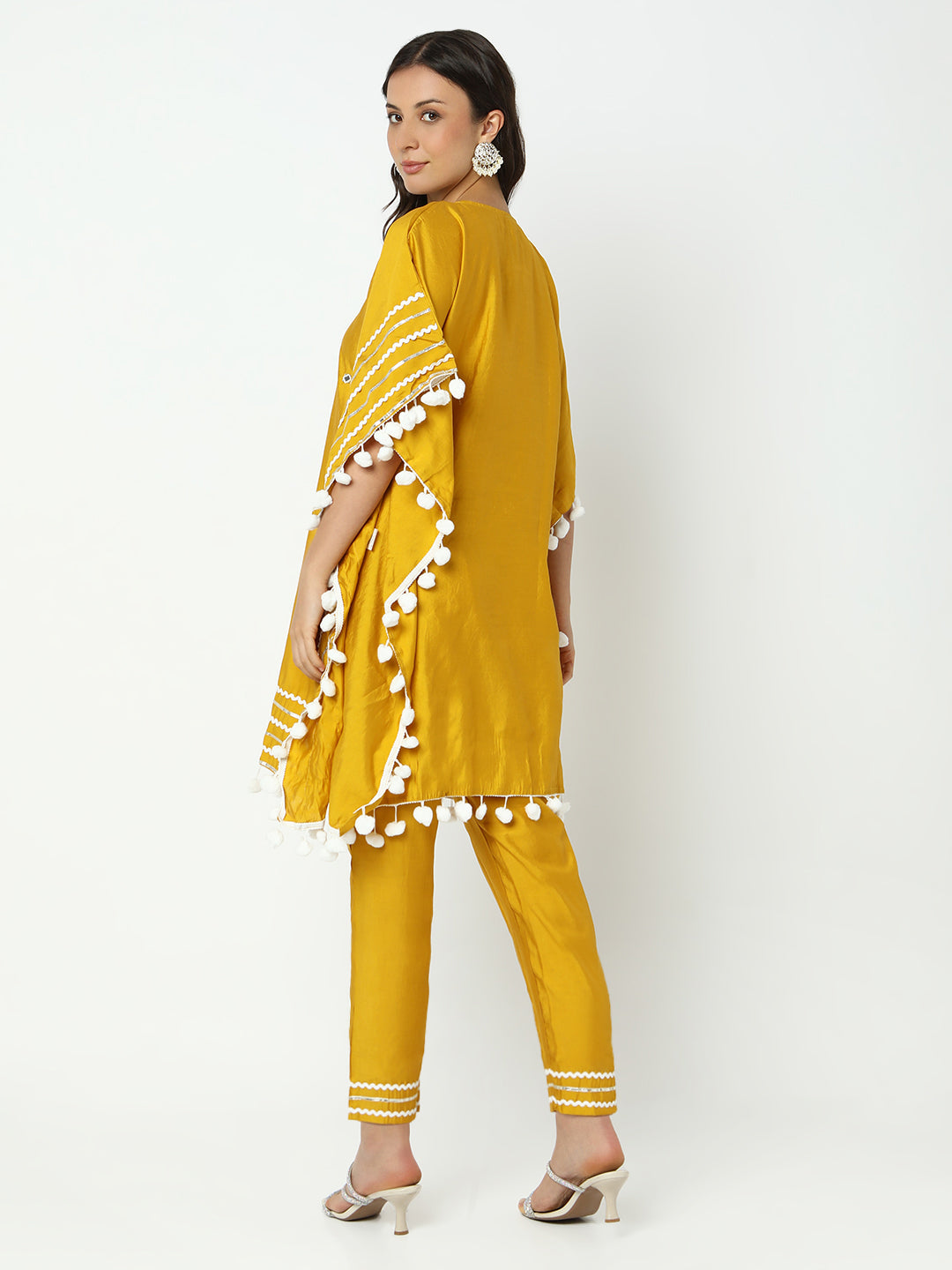 Women’s Embellished Yellow Mirror Work Kaftan Kurta Set with Tapered Trousers