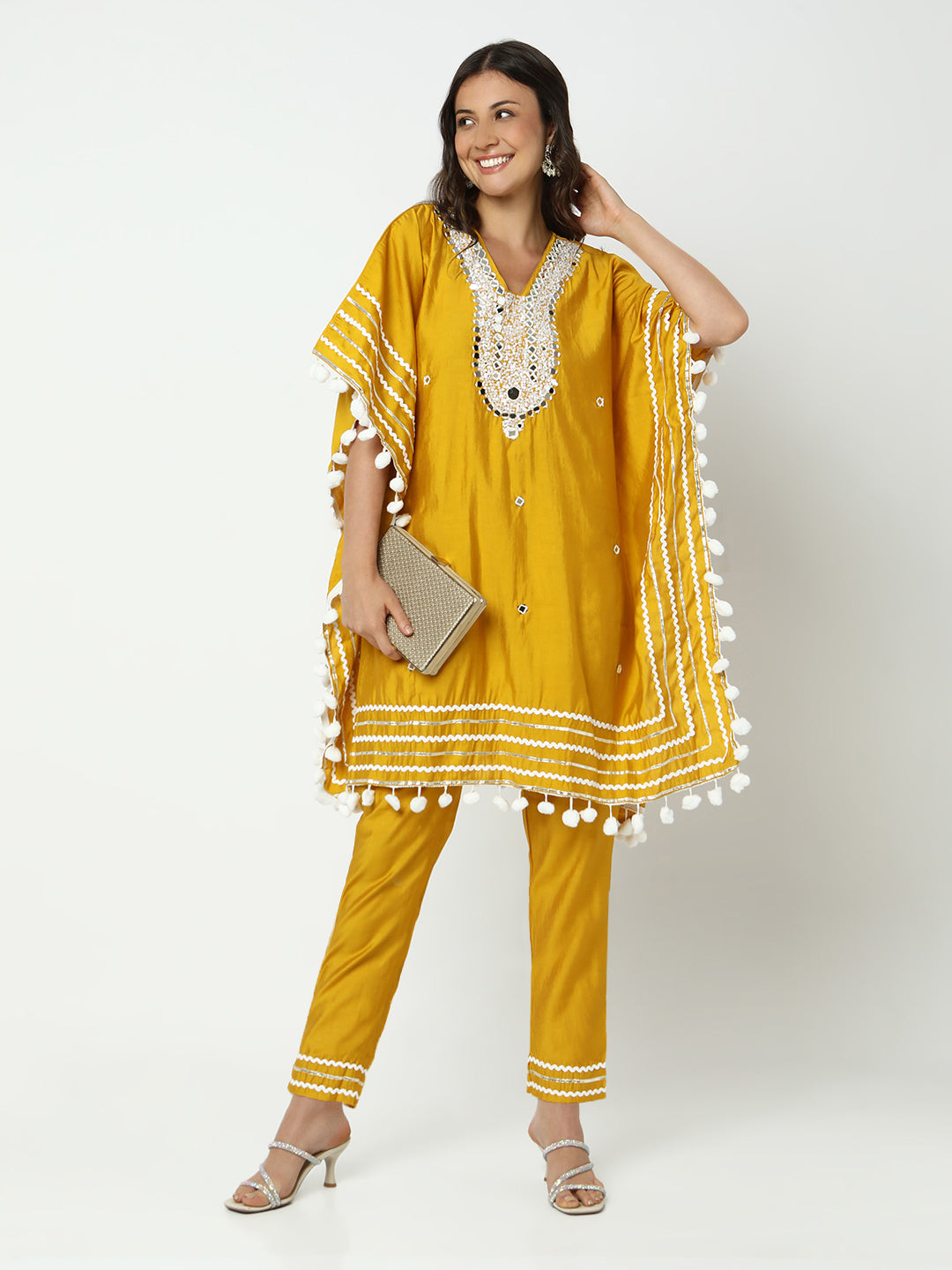 Women’s Embellished Yellow Mirror Work Kaftan Kurta Set with Tapered Trousers