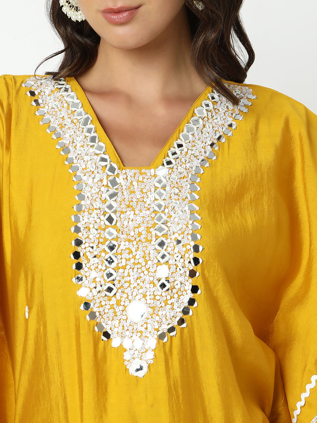 Women’s Embellished Yellow Mirror Work Kaftan Kurta Set with Tapered Trousers