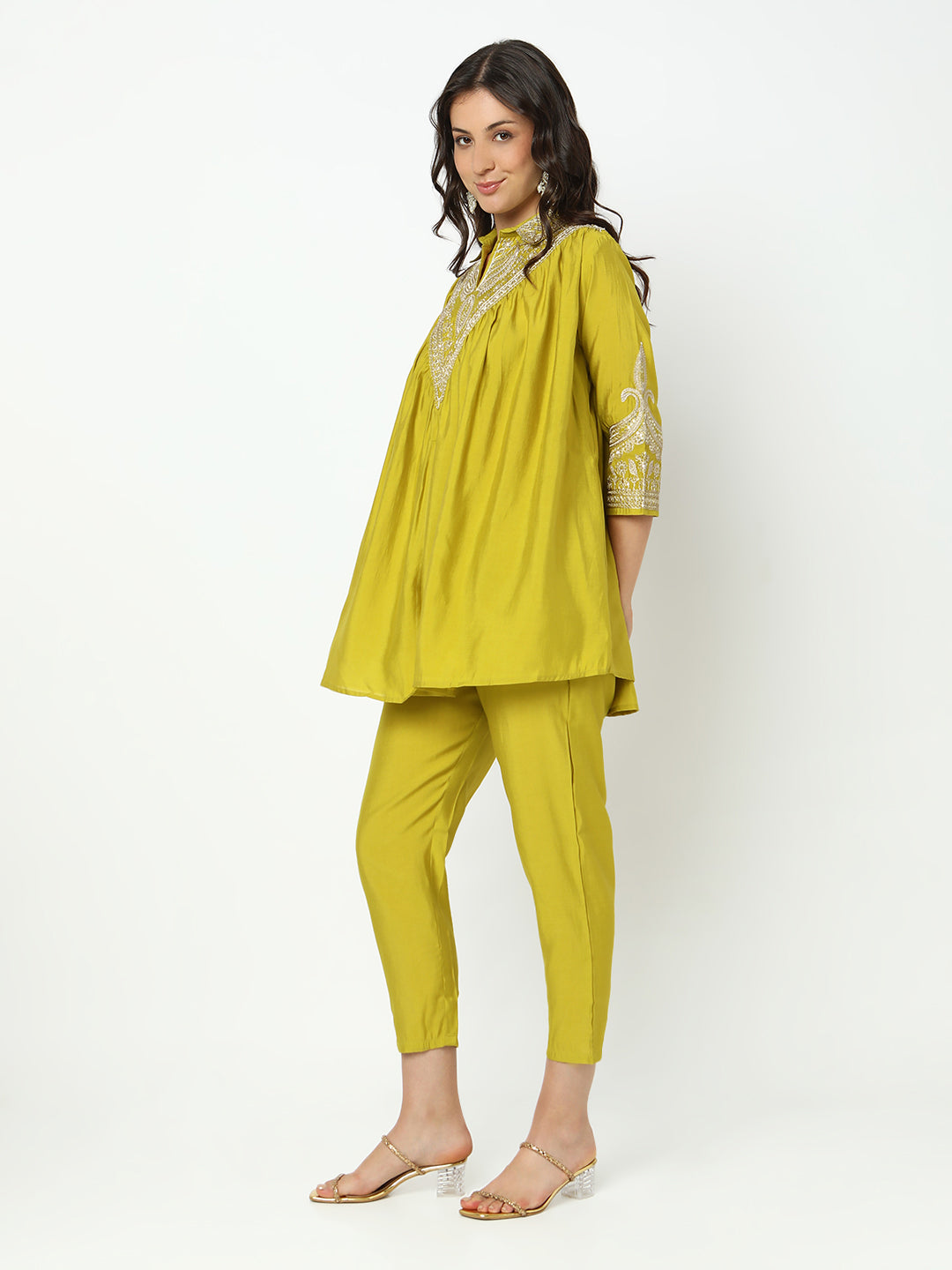 Women's Embroidered Green Flared A-Line Kurta Set with Trouser