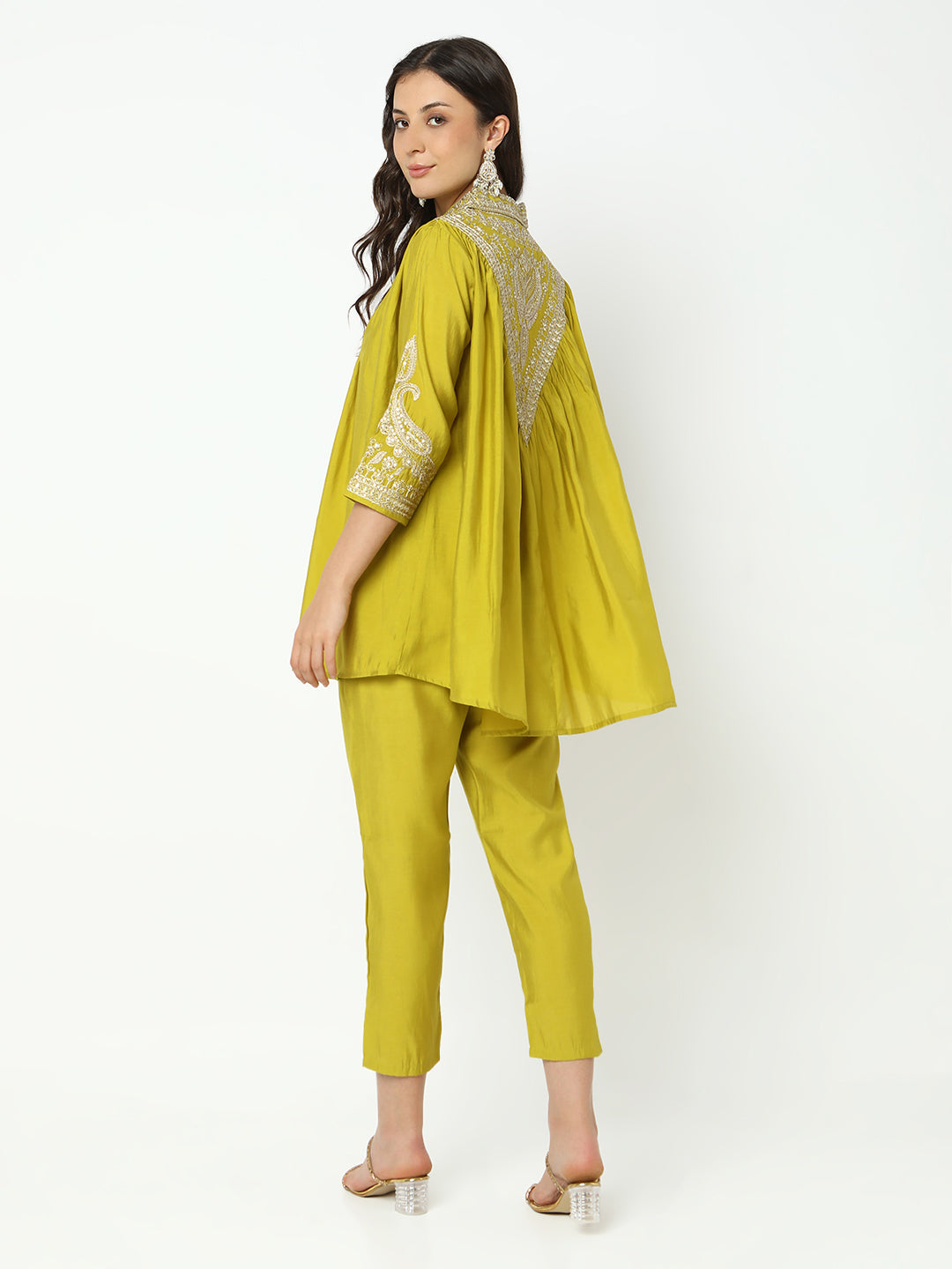 Women's Embroidered Green Flared A-Line Kurta Set with Trouser