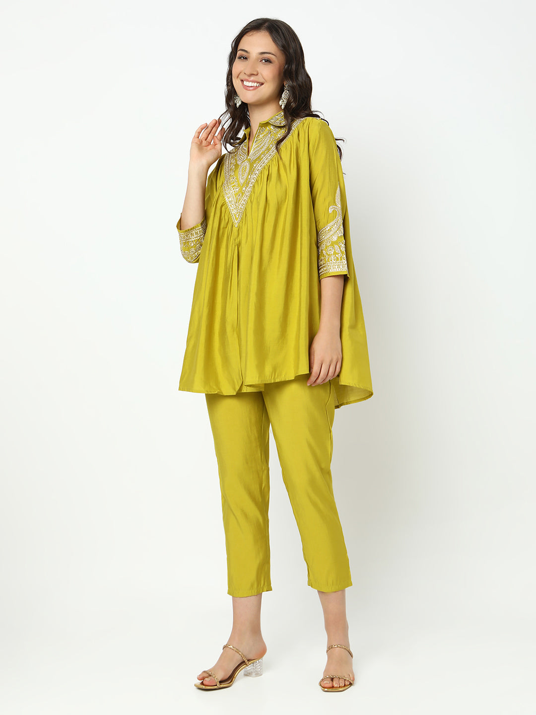 Women's Embroidered Green Flared A-Line Kurta Set with Trouser