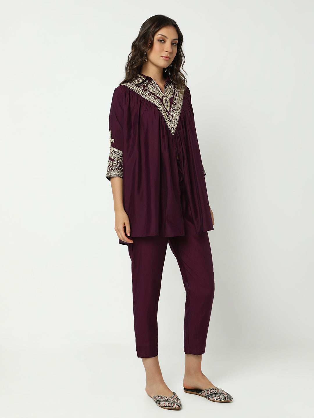 Women's Embroidered Purple Flared A-Line Kurta Set with Trouser