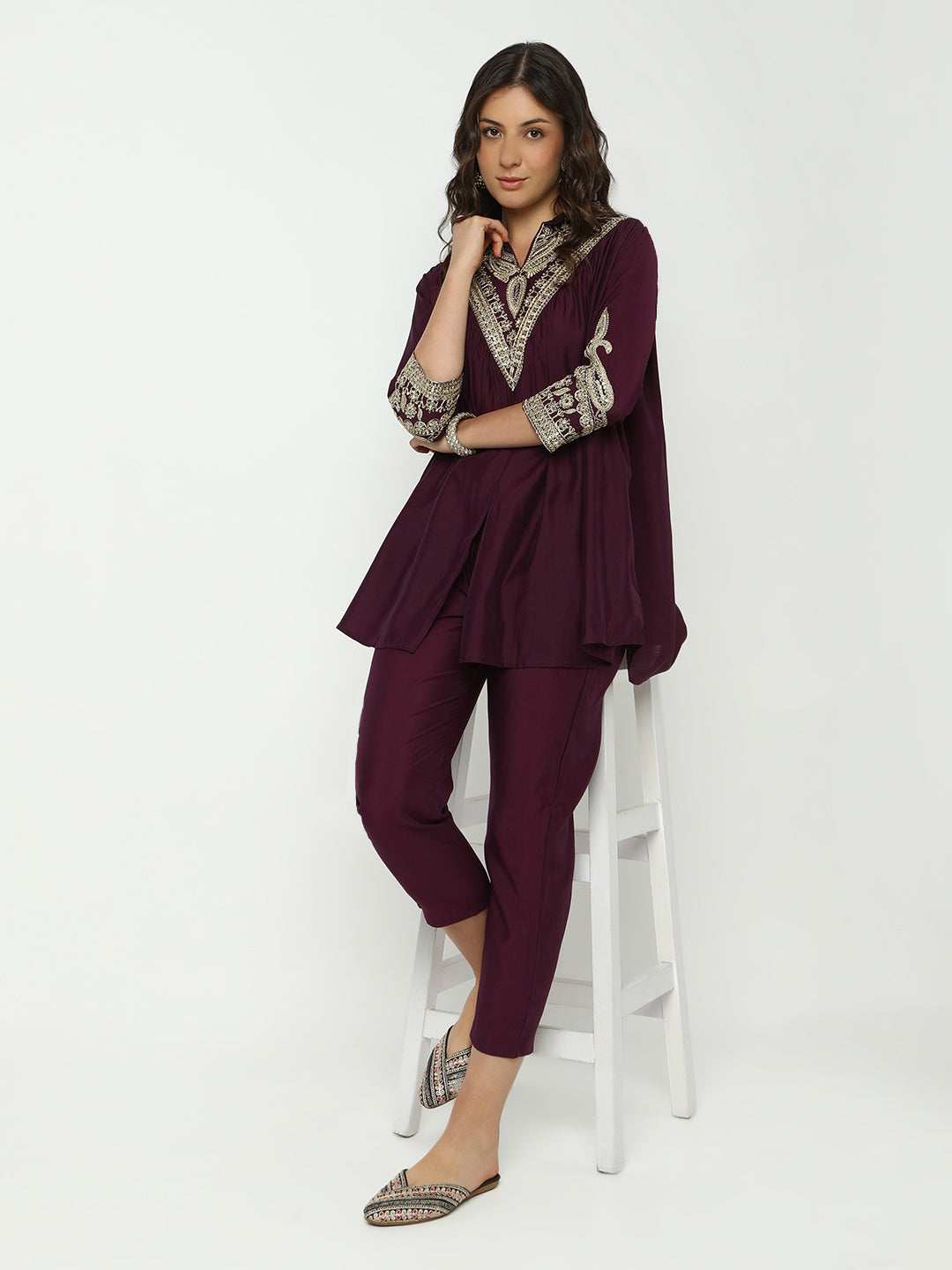 Women's Embroidered Purple Flared A-Line Kurta Set with Trouser