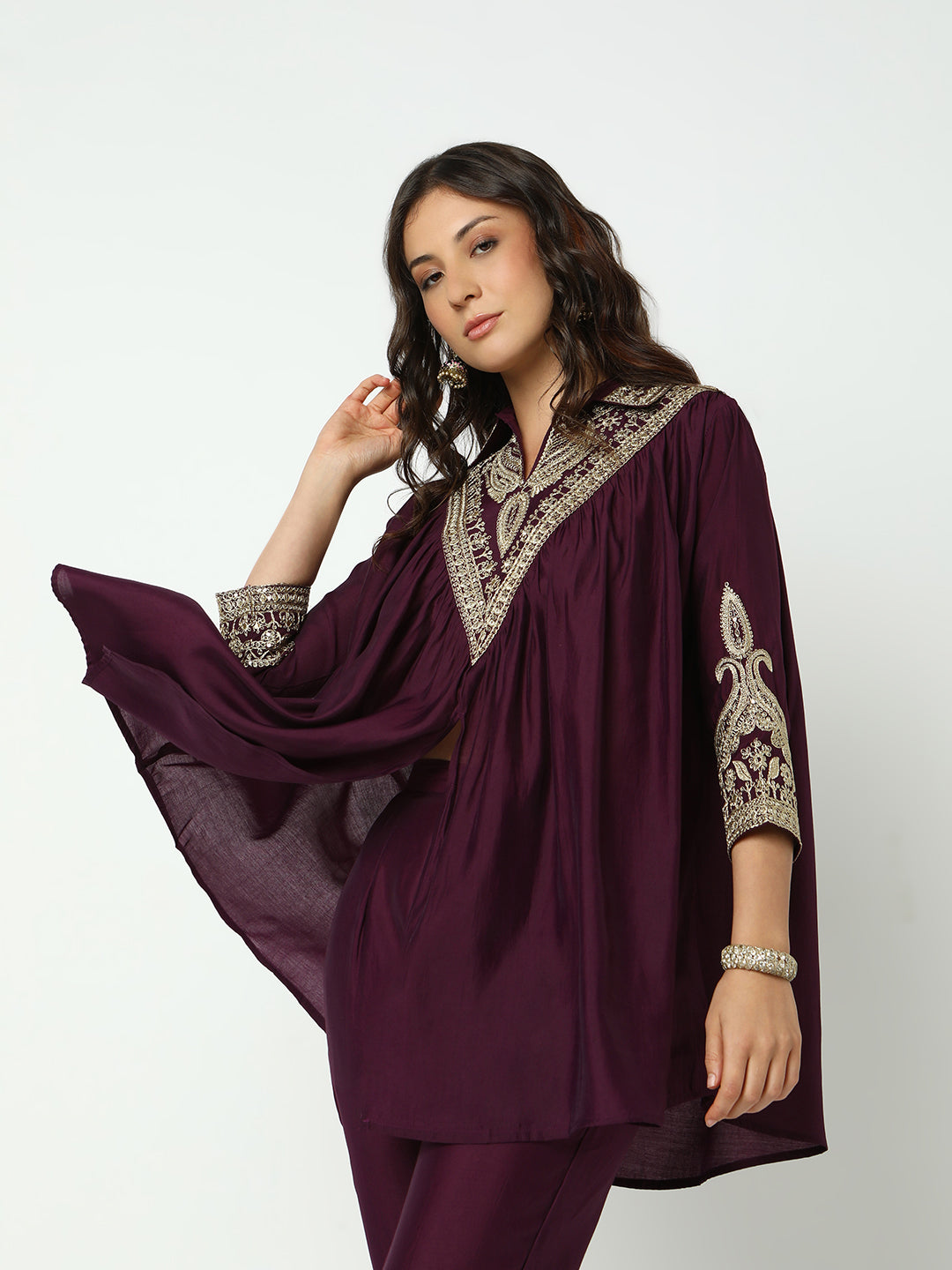 Women's Embroidered Purple Flared A-Line Kurta Set with Trouser