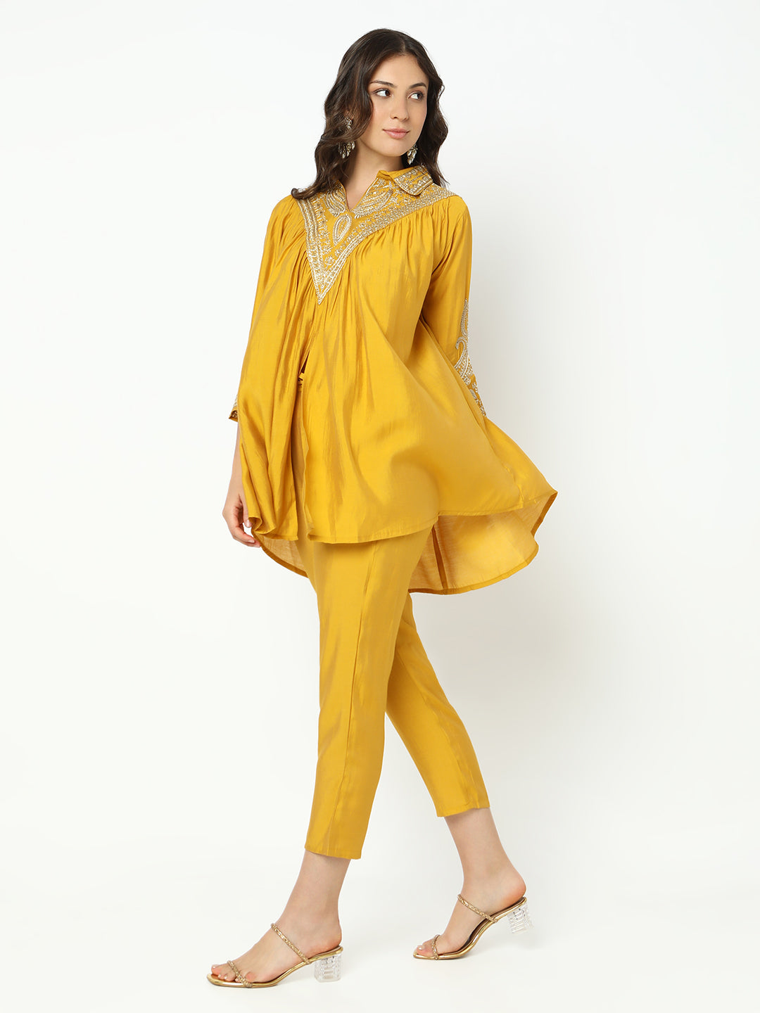 Women's Embroidered Yellow Flared A-Line Kurta Set with Trouser