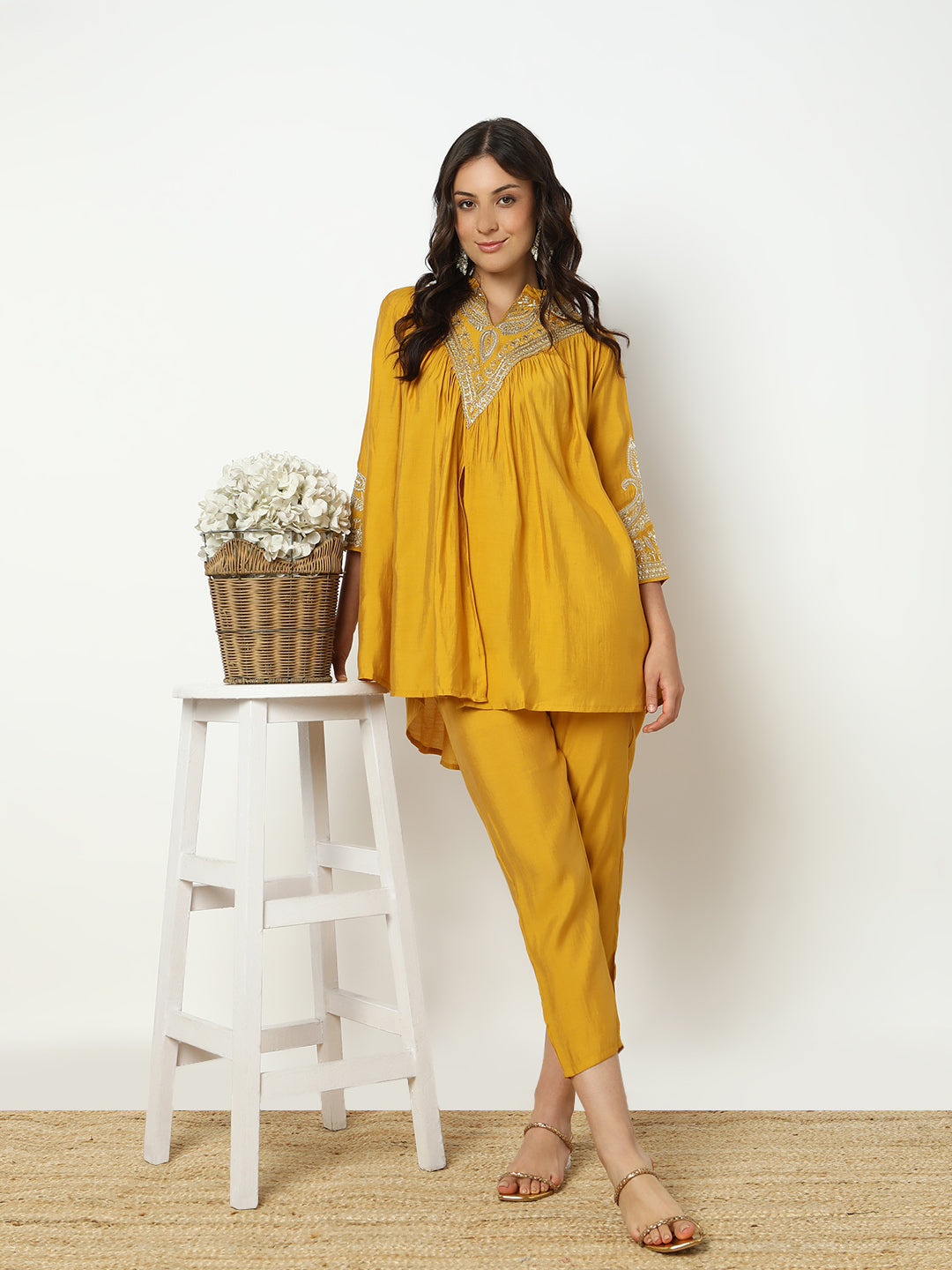 Women's Embroidered Yellow Flared A-Line Kurta Set with Trouser