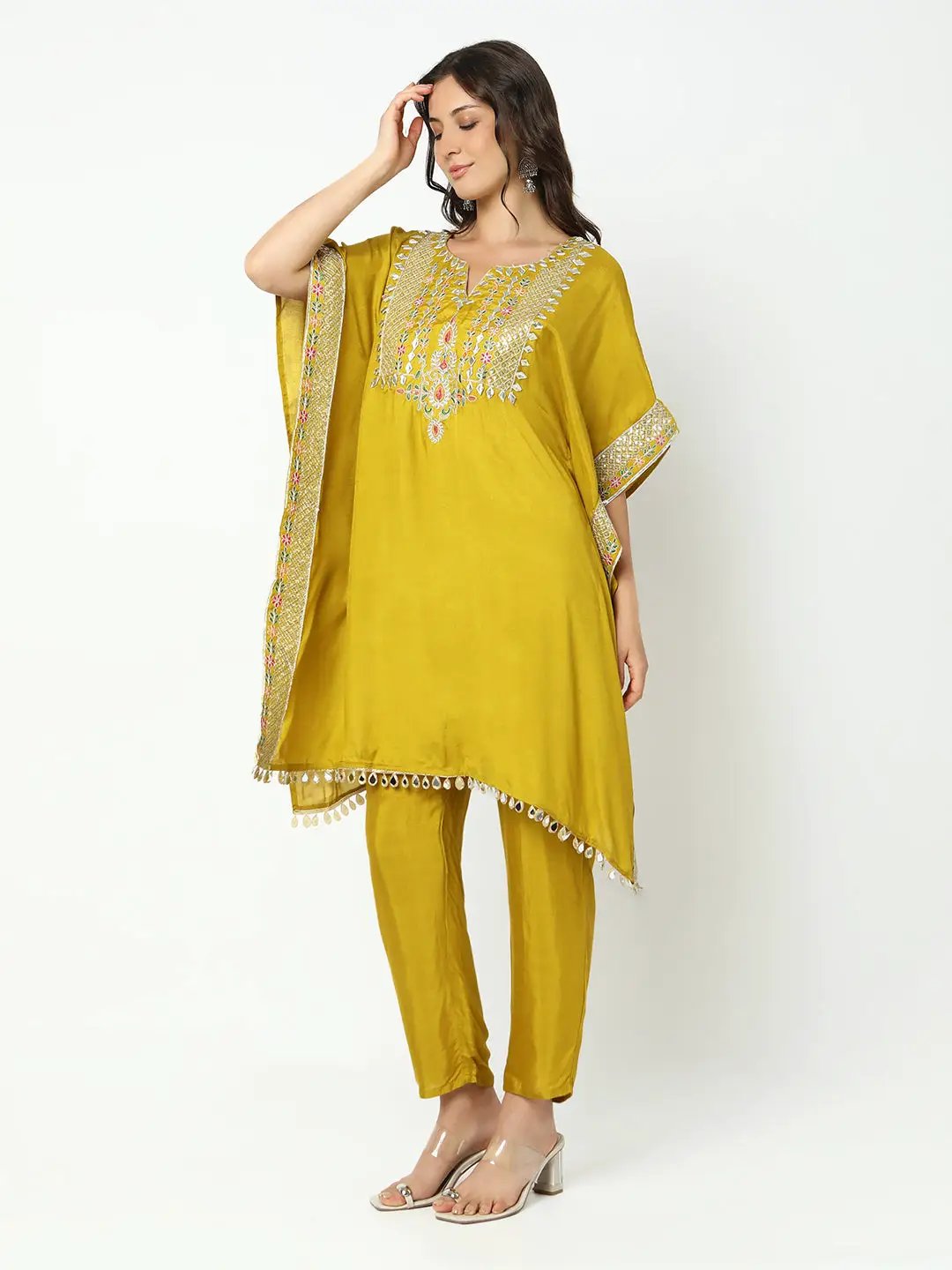 Women's Embroidered Mustard Kaftan Kurta Set with Tapered Trouser - from SHOWOFFFF