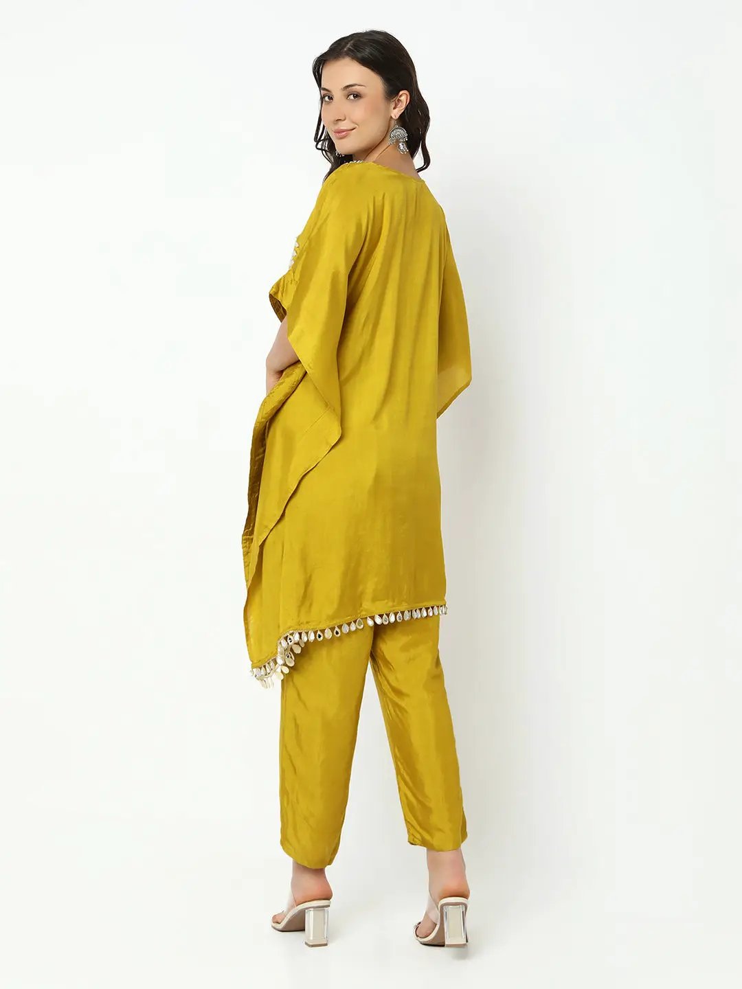 Women's Embroidered Mustard Kaftan Kurta Set with Tapered Trouser - from SHOWOFFFF