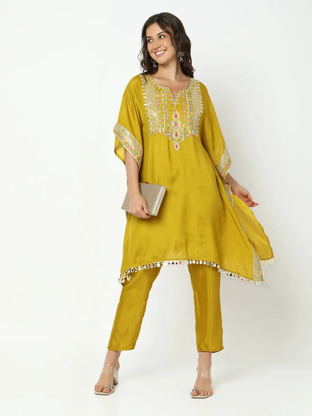 Women's Embroidered Mustard Kaftan Kurta Set with Tapered Trouser - from SHOWOFFFF
