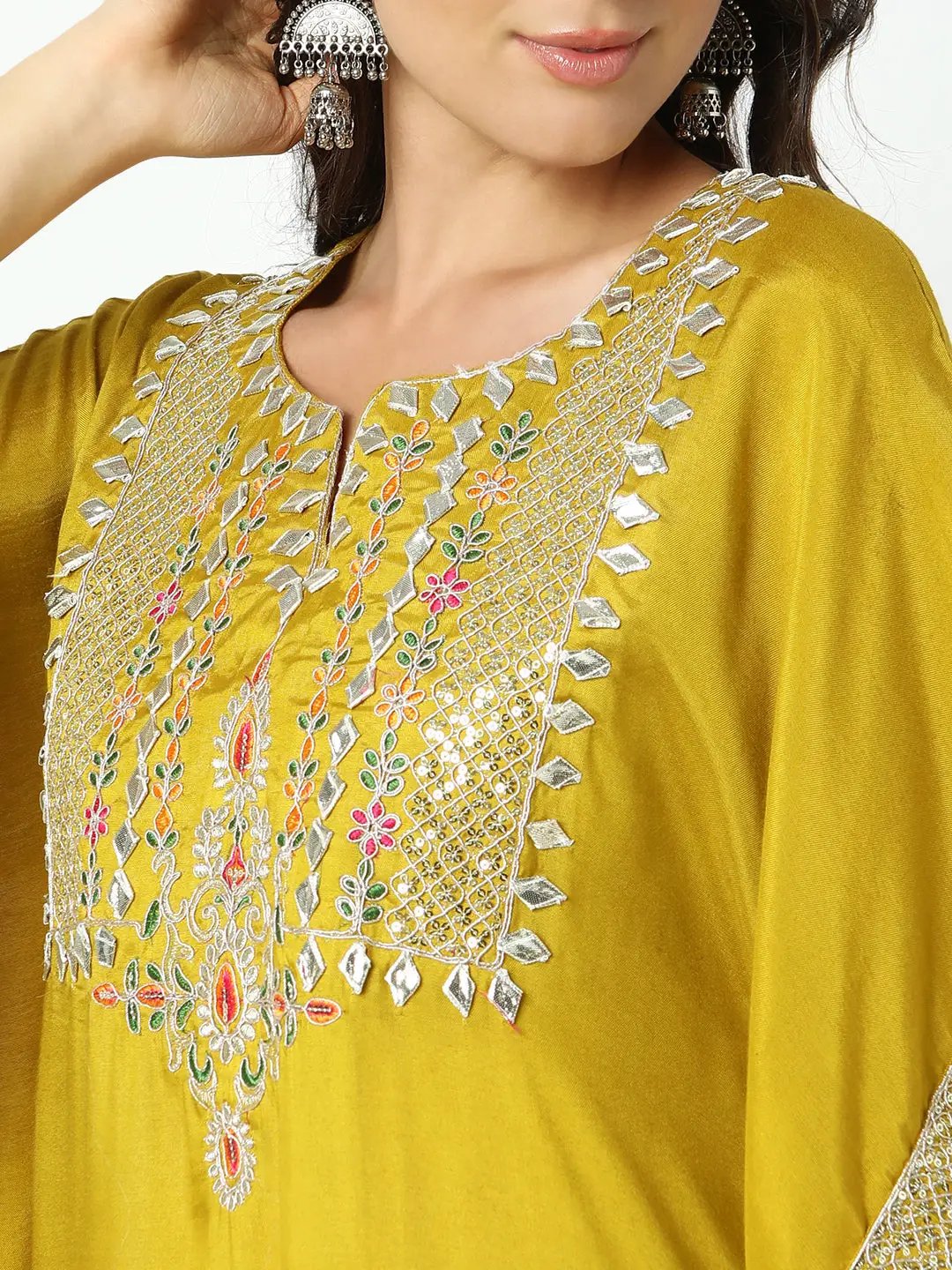 Women's Embroidered Mustard Kaftan Kurta Set with Tapered Trouser - from SHOWOFFFF
