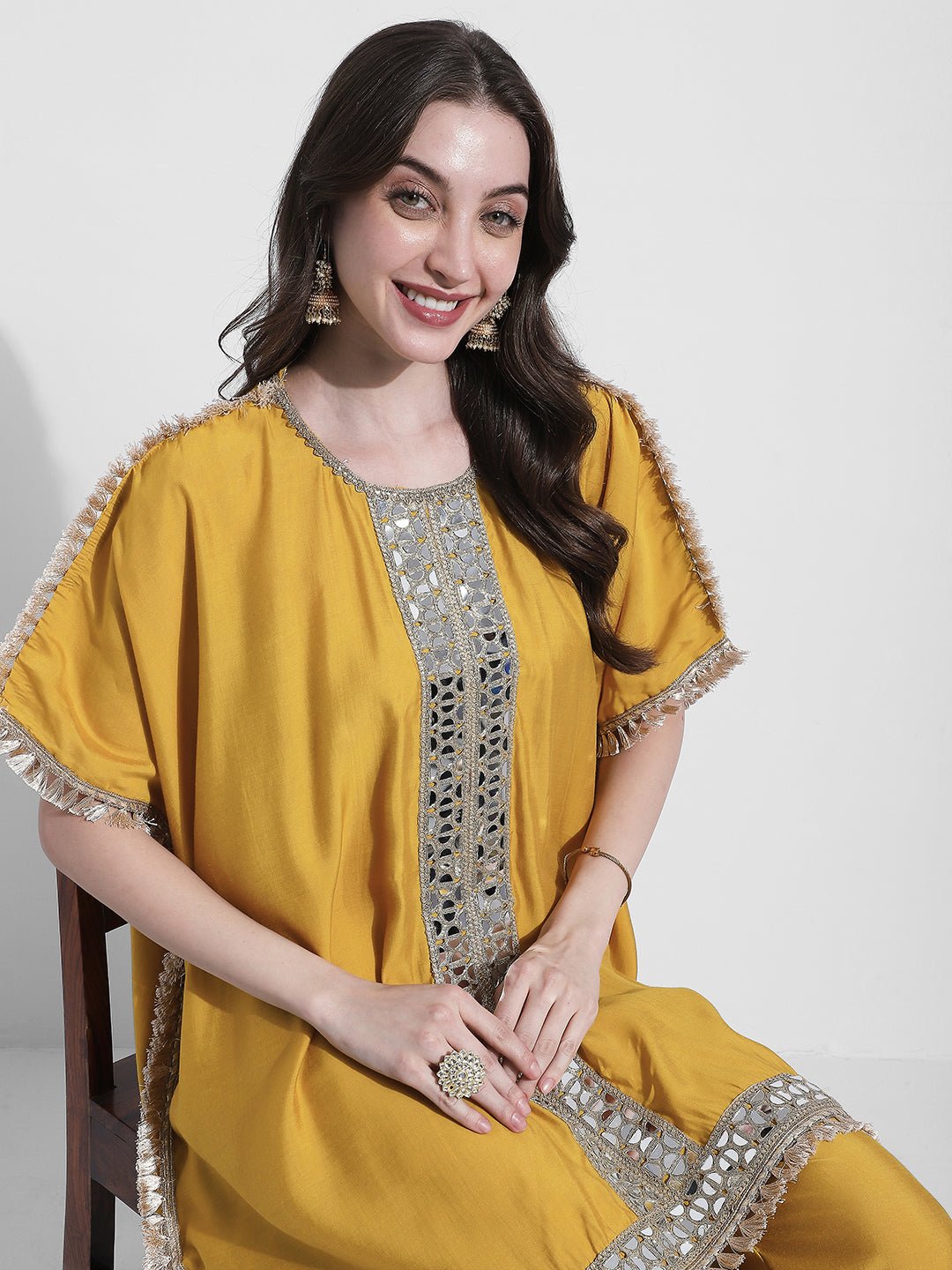 Women's Yellow Mirror Work Kaftan Kurta Set with Straight Pants