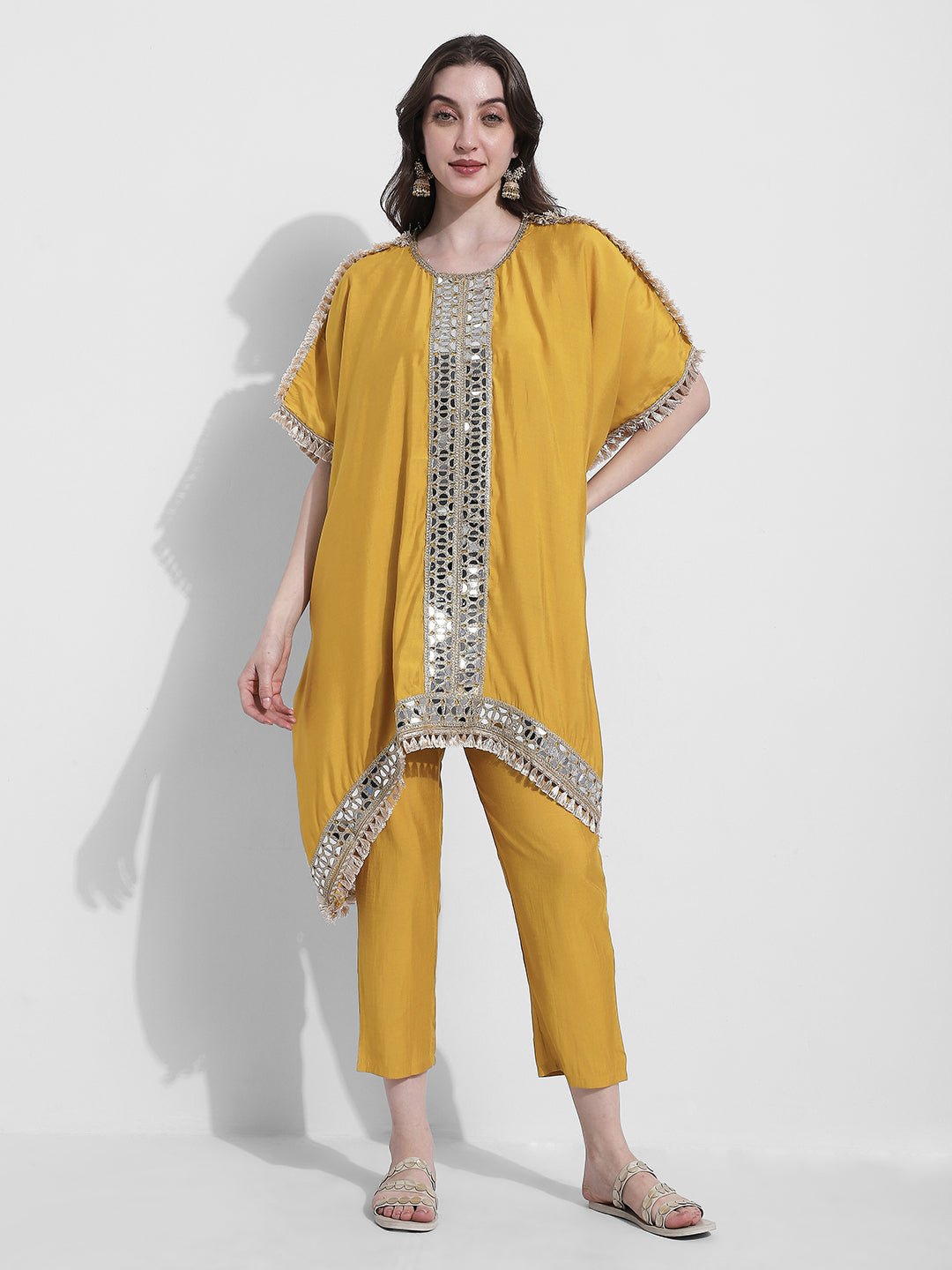 Women's Yellow Mirror Work Kaftan Kurta Set with Straight Pants