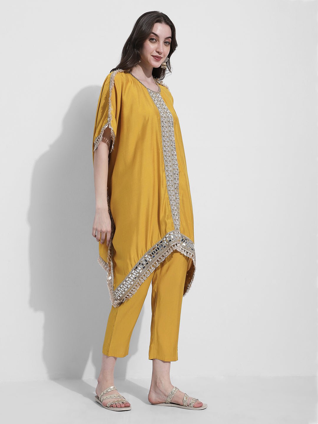 Women's Yellow Mirror Work Kaftan Kurta Set with Straight Pants