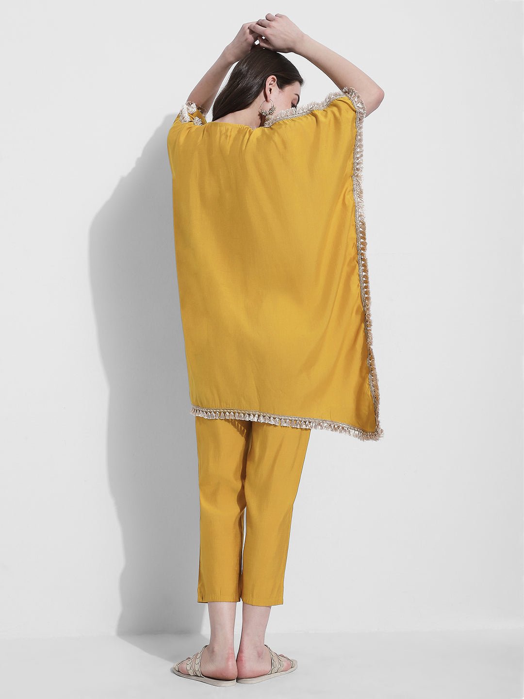 Women's Yellow Mirror Work Kaftan Kurta Set with Straight Pants