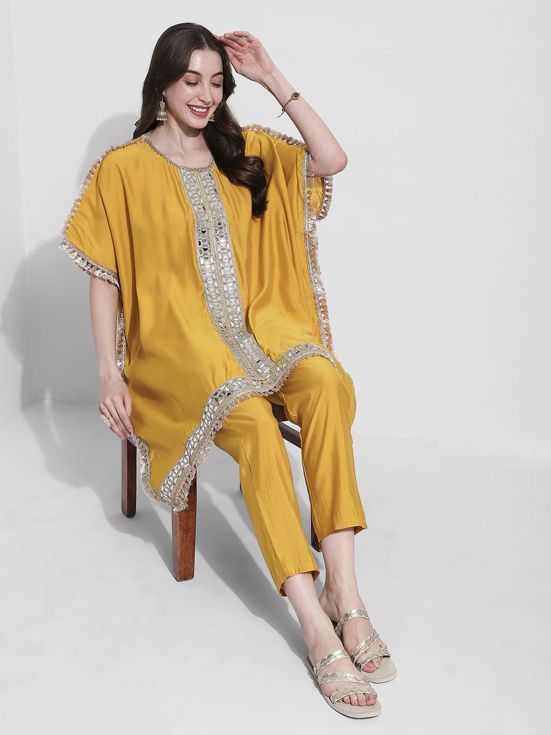 Women's Yellow Mirror Work Kaftan Kurta Set with Straight Pants