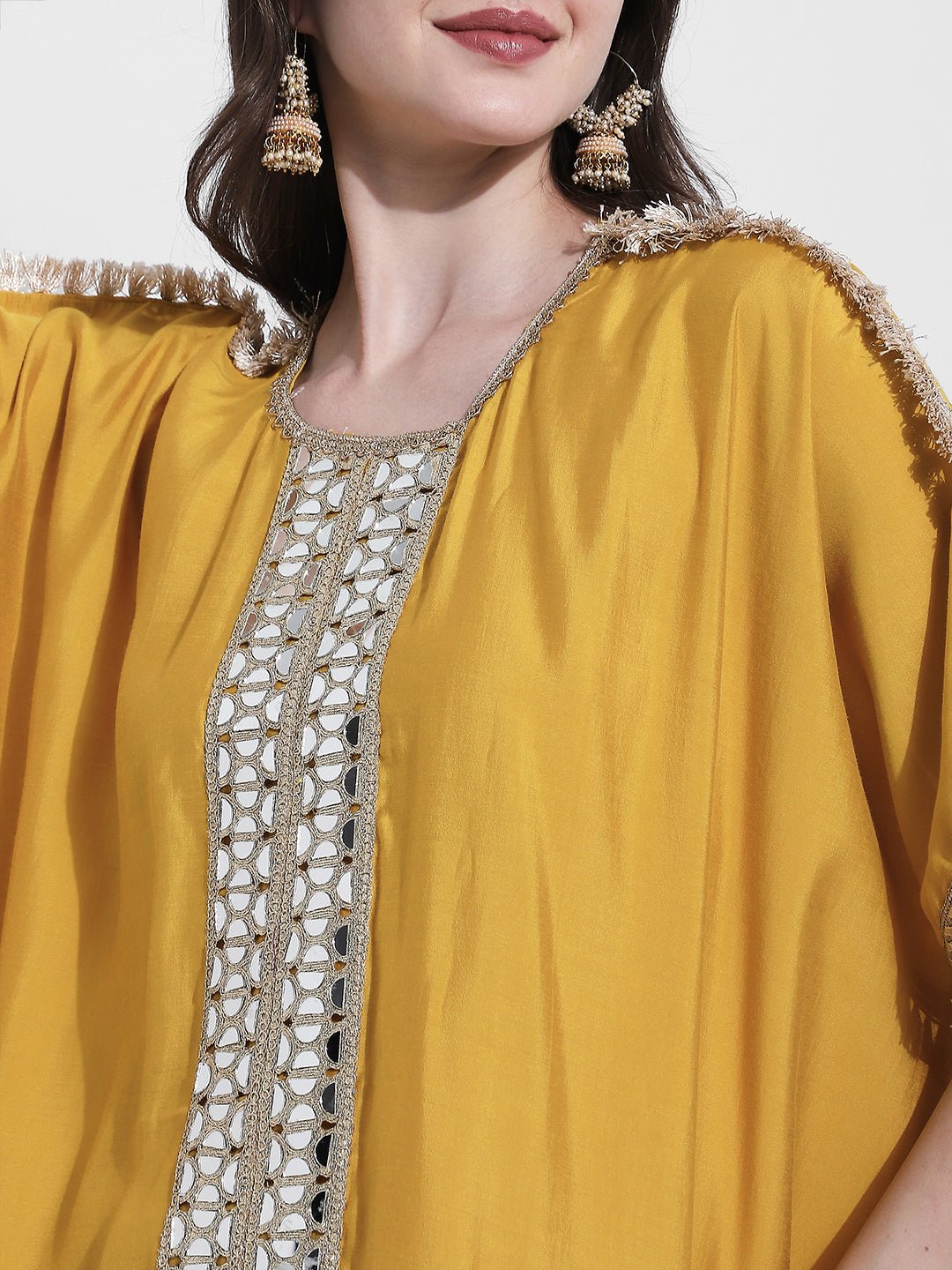 Women's Yellow Mirror Work Kaftan Kurta Set with Straight Pants