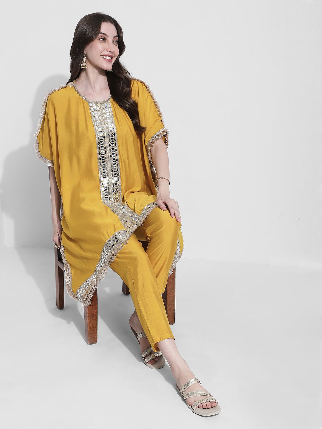 Women's Yellow Mirror Work Kaftan Kurta Set with Straight Pants