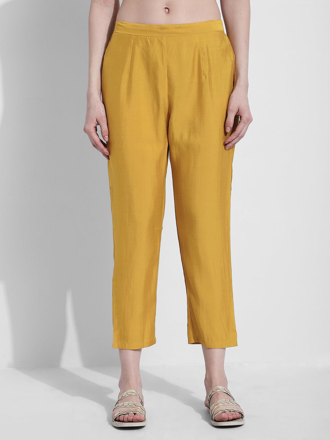 Women's Yellow Mirror Work Kaftan Kurta Set with Straight Pants