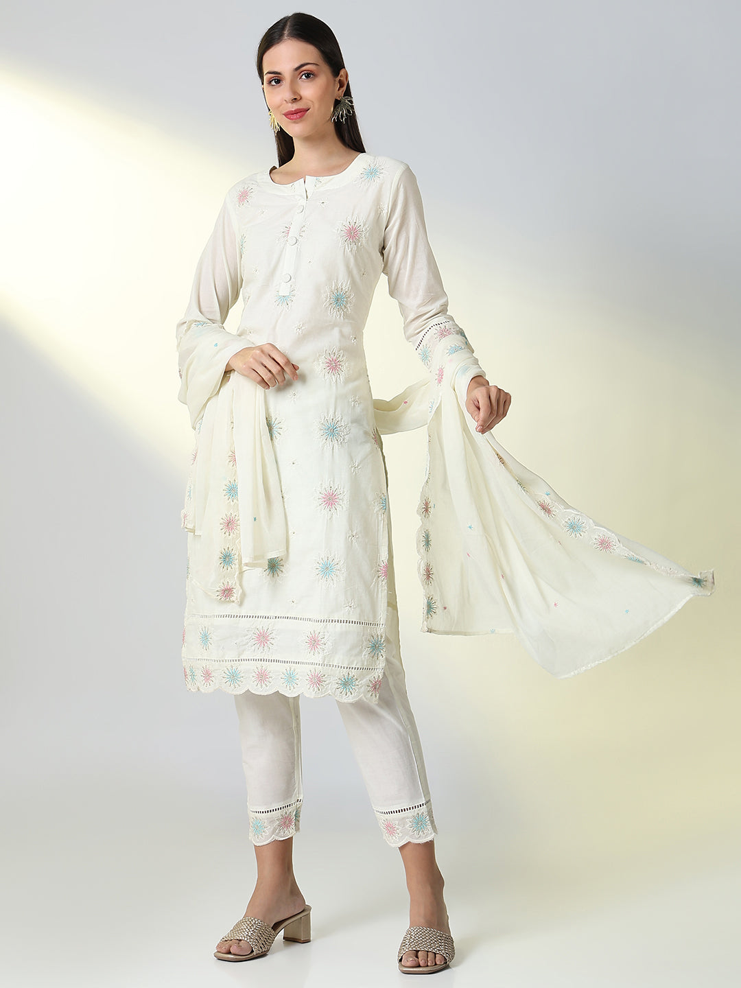 Women Cream Floral Straight Kurta Set with Dupatta