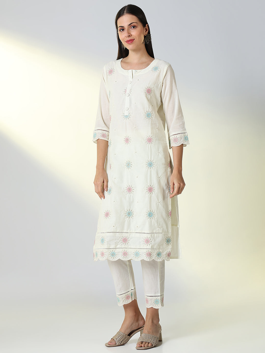 Women Cream Floral Straight Kurta Set with Dupatta