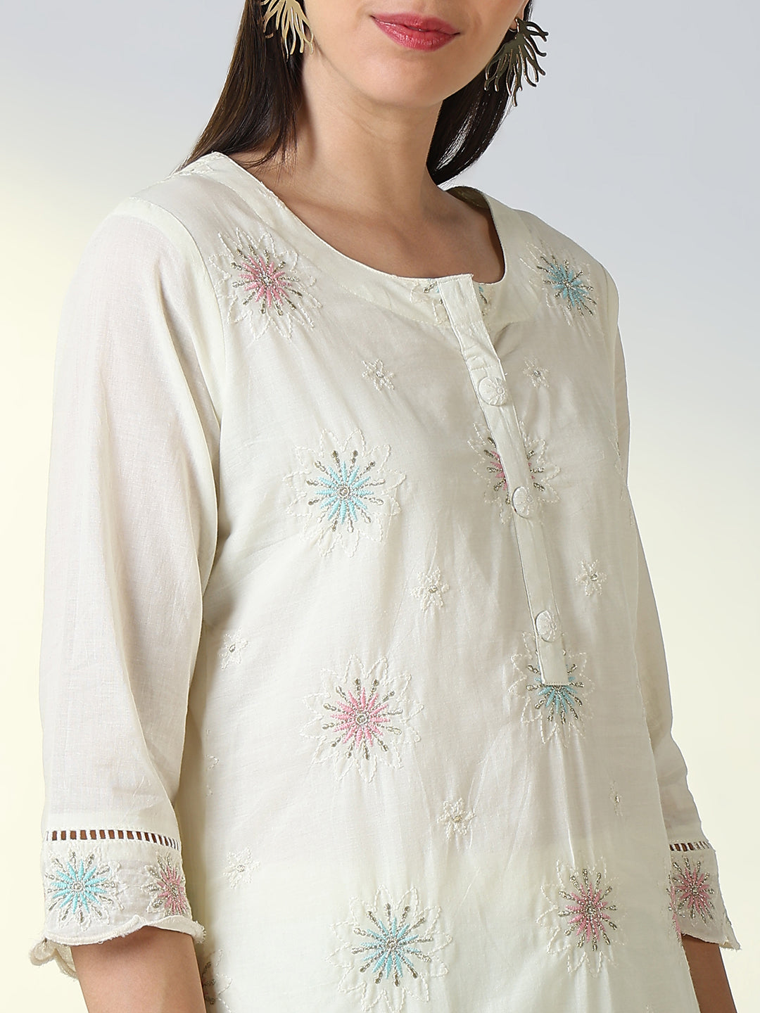 Women Cream Floral Straight Kurta Set with Dupatta