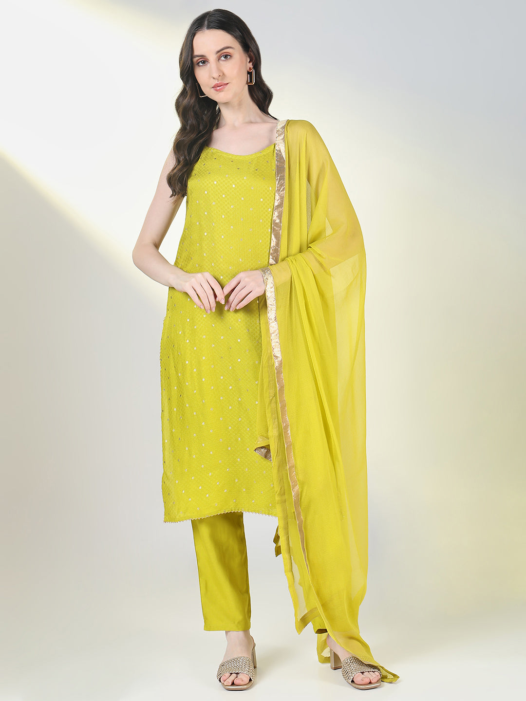 Women Green Solid Straight Kurta Set with Dupatta