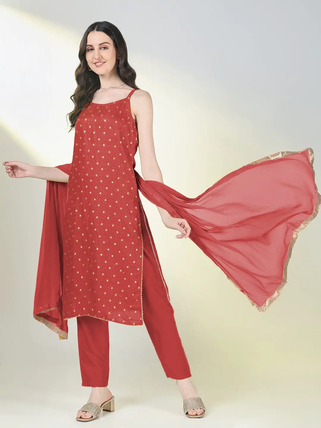 Women's Self Design Red Straight Kurta Set with Dupatta - Uncategorized from SHOWOFFFF