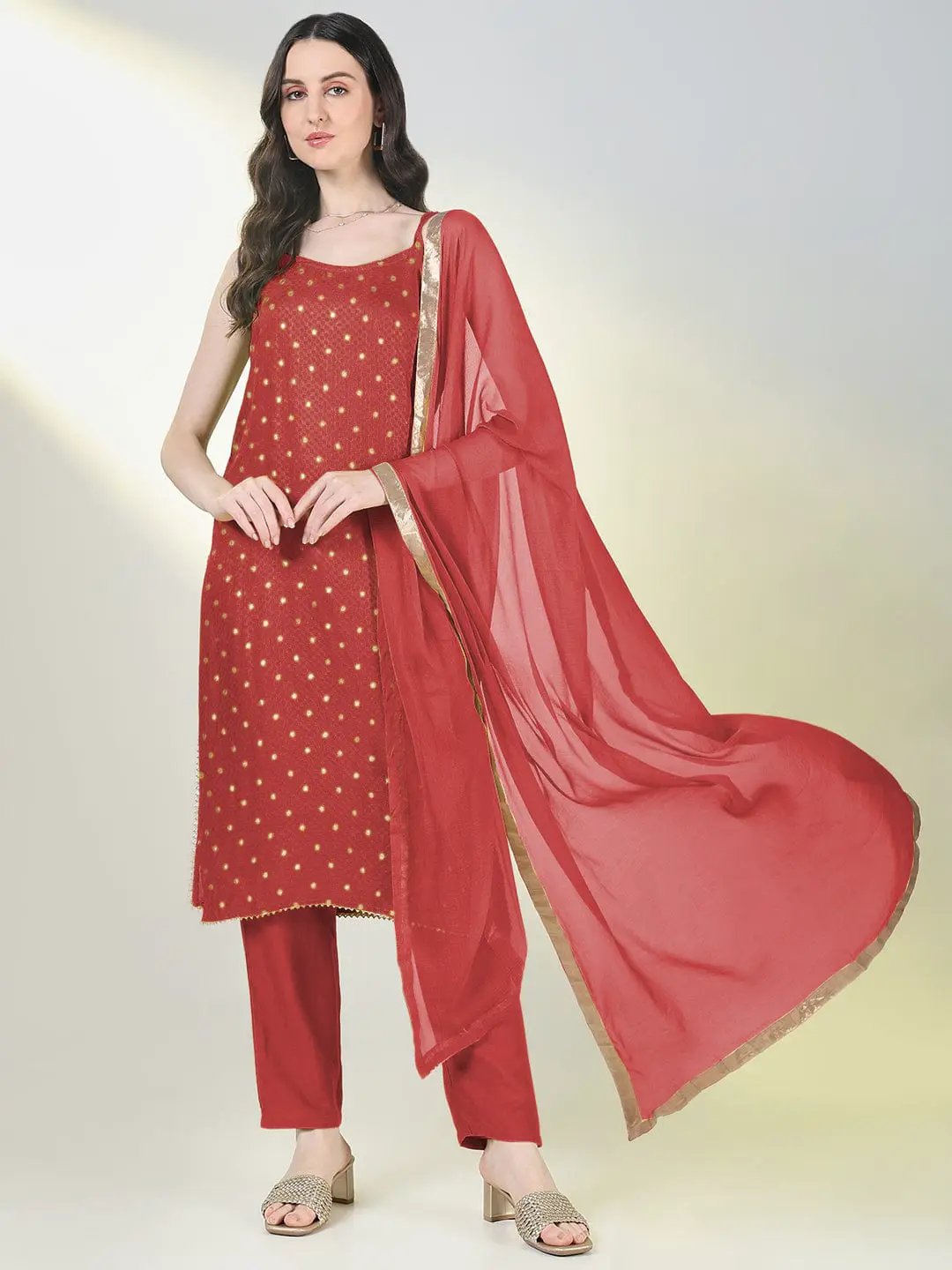 Women's Self Design Red Straight Kurta Set with Dupatta - Uncategorized from SHOWOFFFF