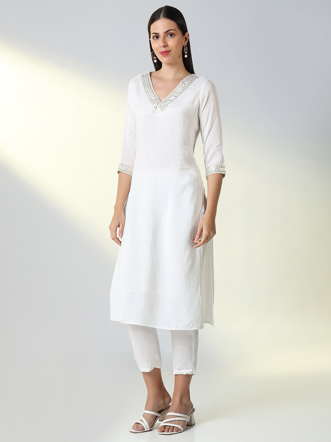 Women White Solid Straight Kurta Set with Dupatta