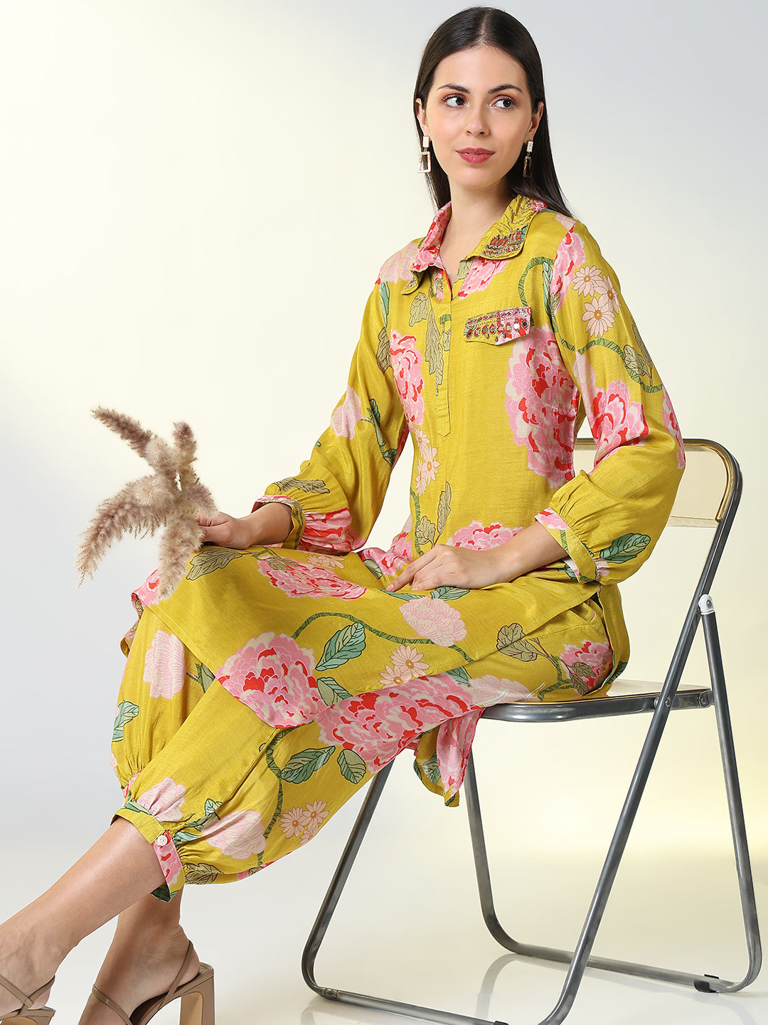 Women Yellow Floral Straight Kurta and Patiala