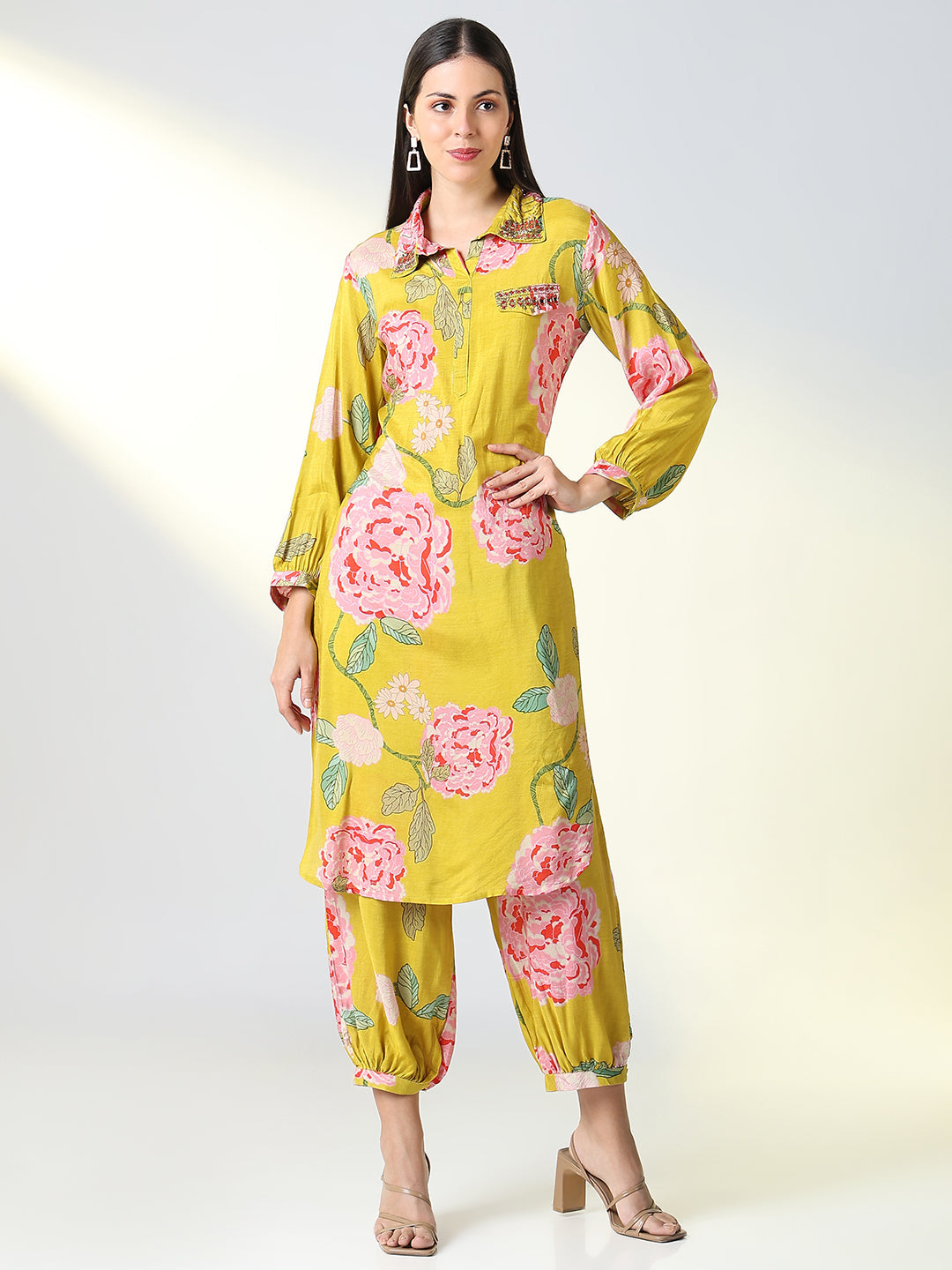 Women Yellow Floral Straight Kurta and Patiala