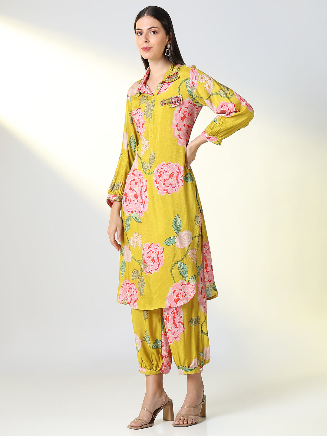 Women Yellow Floral Straight Kurta and Patiala