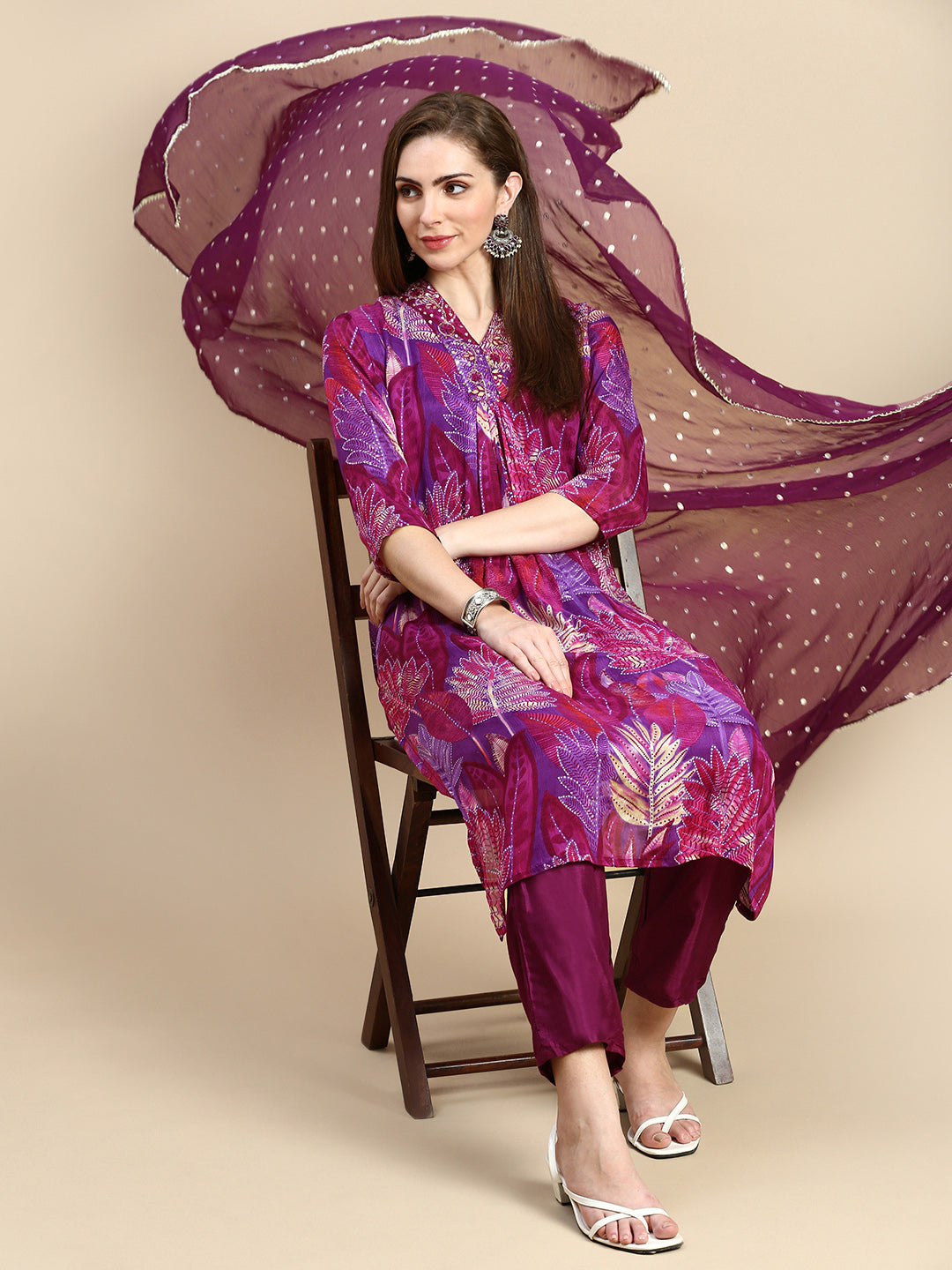 Women Floral Purple Straight Kurta Set with Dupatta